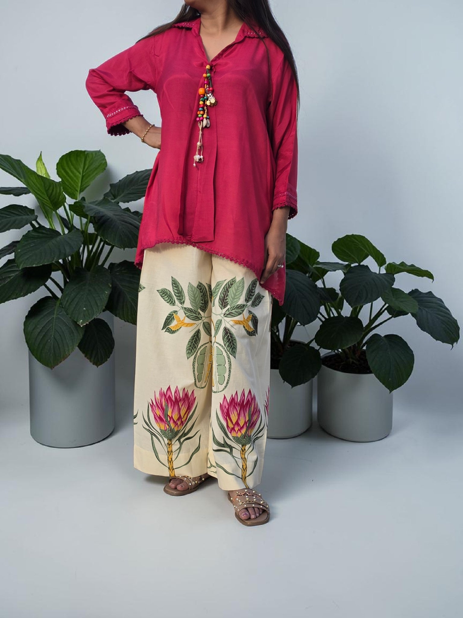 THE BOHO-CHIC Tropical Breeze Muslin Linen Co-ord Set in Magenta & Cream