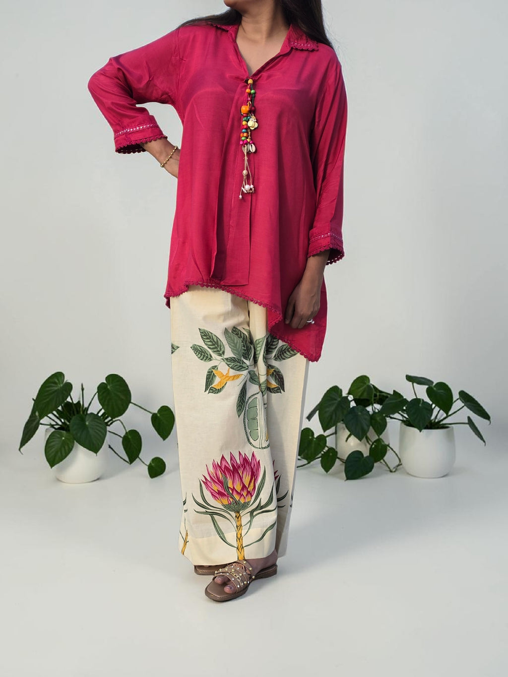 THE BOHO-CHIC Tropical Breeze Muslin Linen Co-ord Set in Magenta & Cream