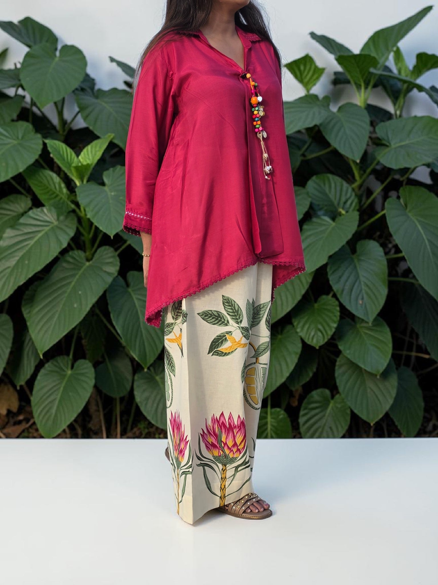 THE BOHO-CHIC Tropical Breeze Muslin Linen Co-ord Set in Magenta & Cream