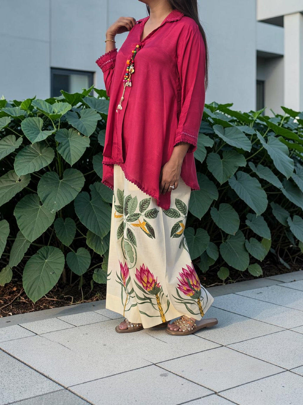 THE BOHO-CHIC Tropical Breeze Muslin Linen Co-ord Set in Magenta & Cream