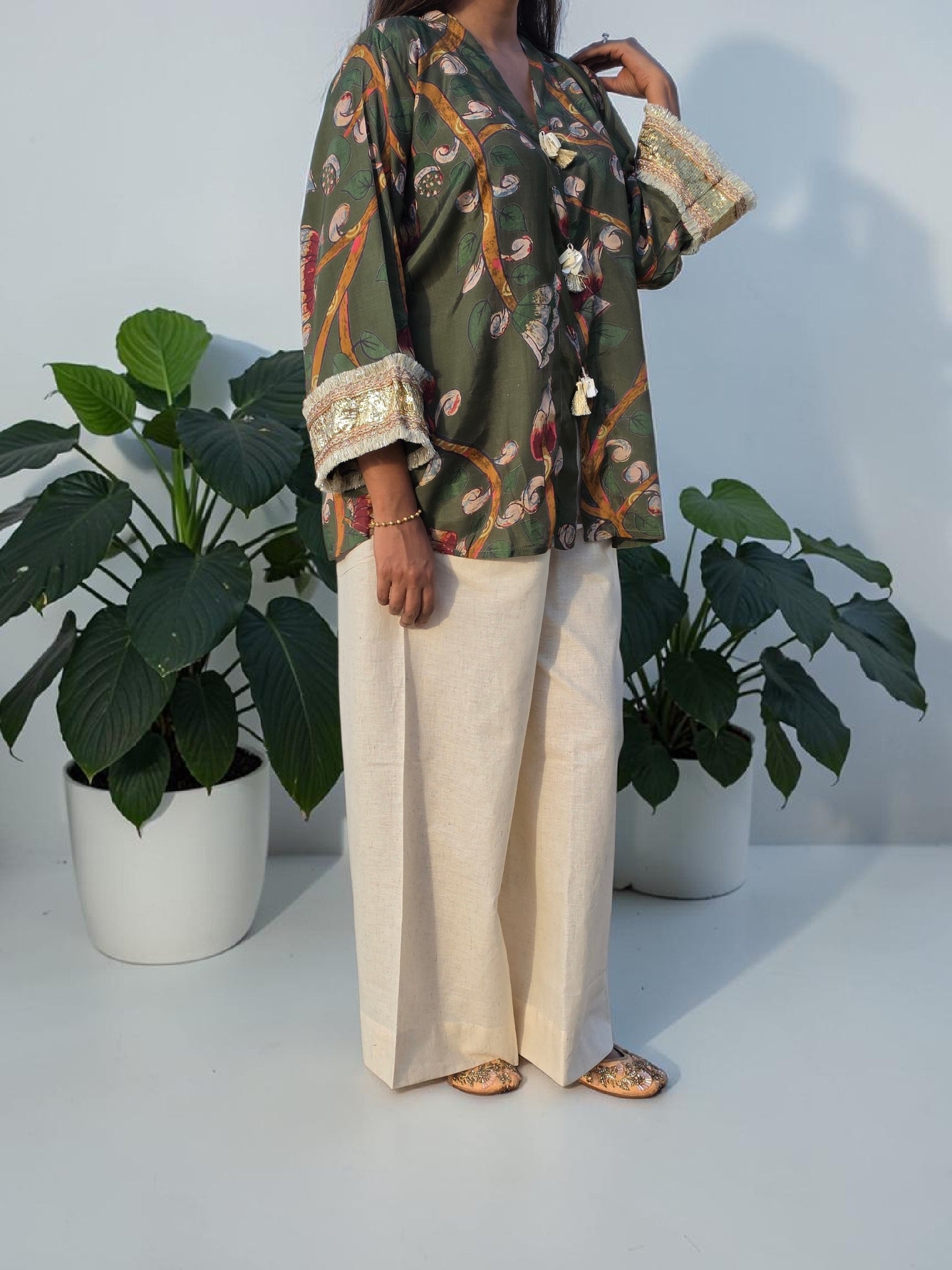 THE BOHO-CHIC Olive Botanical Muslin Linen Co-ord Set