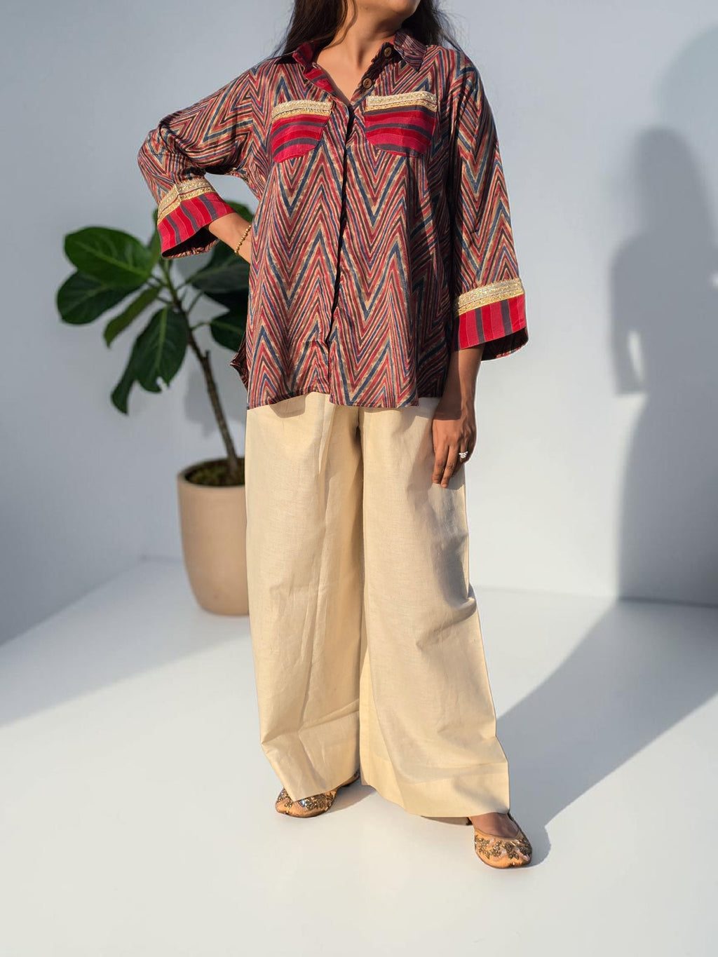 THE BOHO-CHIC Crimson Chevron Muslin Linen Co-ord Set