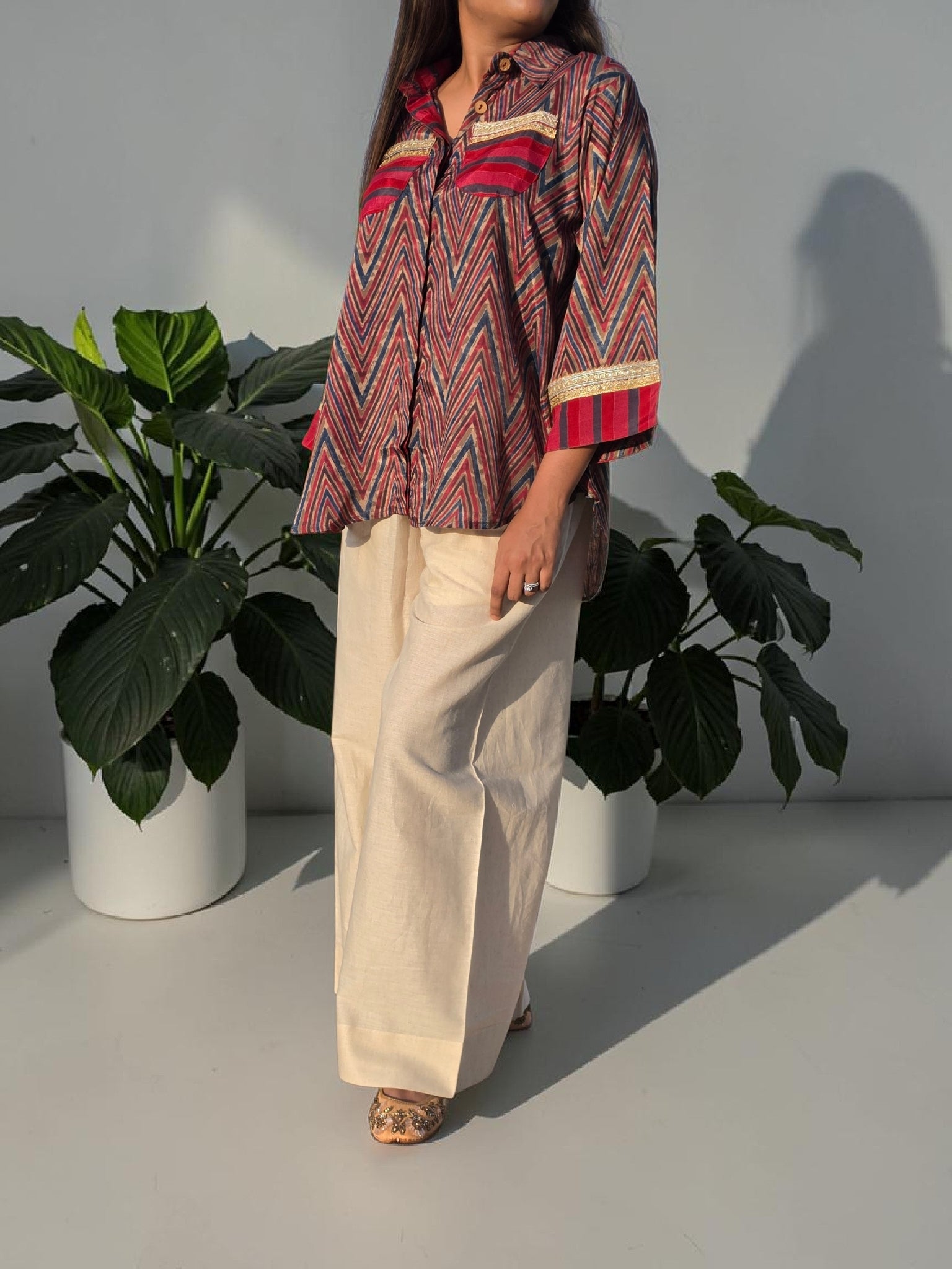 THE BOHO-CHIC Crimson Chevron Muslin Linen Co-ord Set