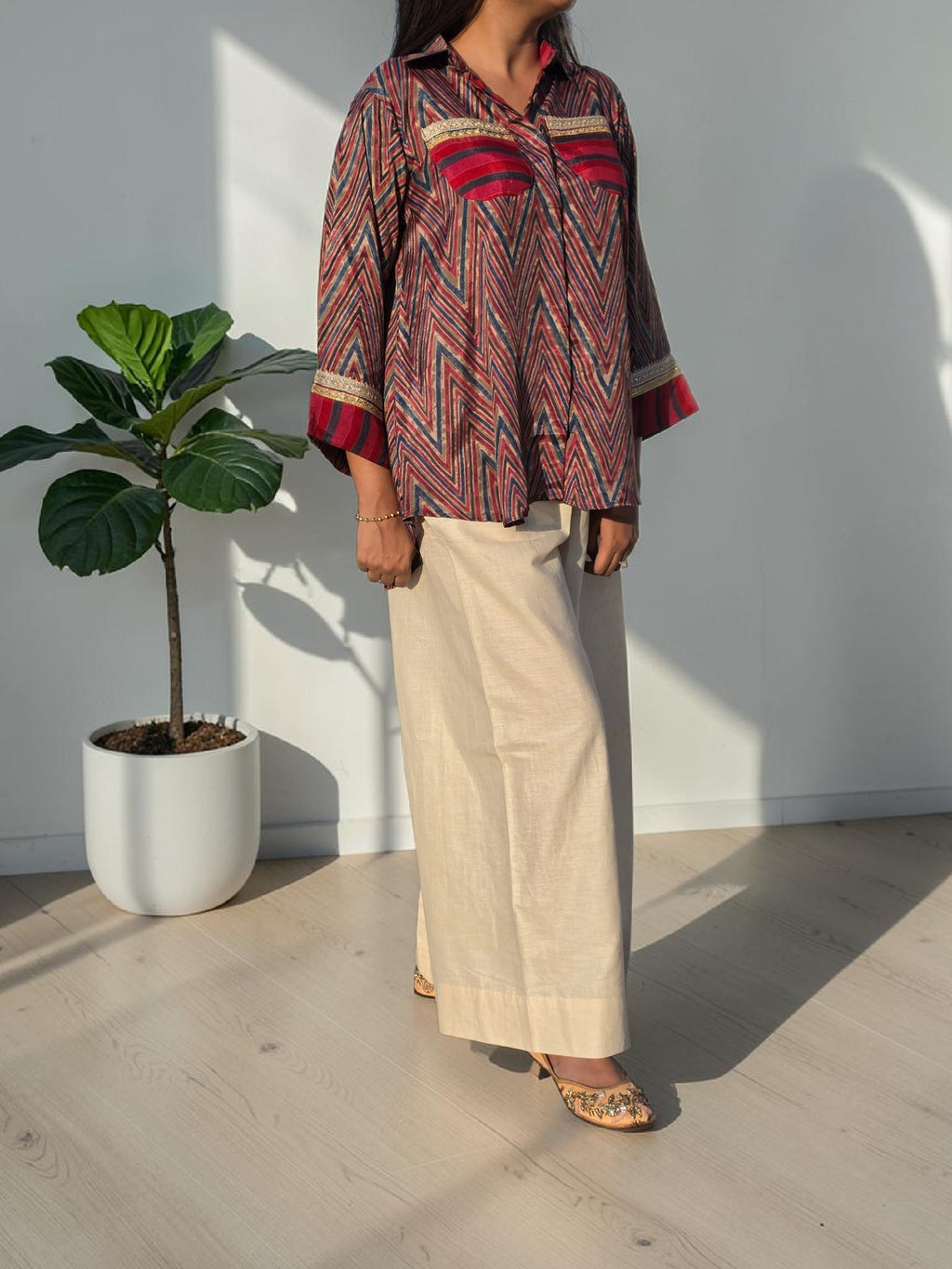 THE BOHO-CHIC Crimson Chevron Muslin Linen Co-ord Set