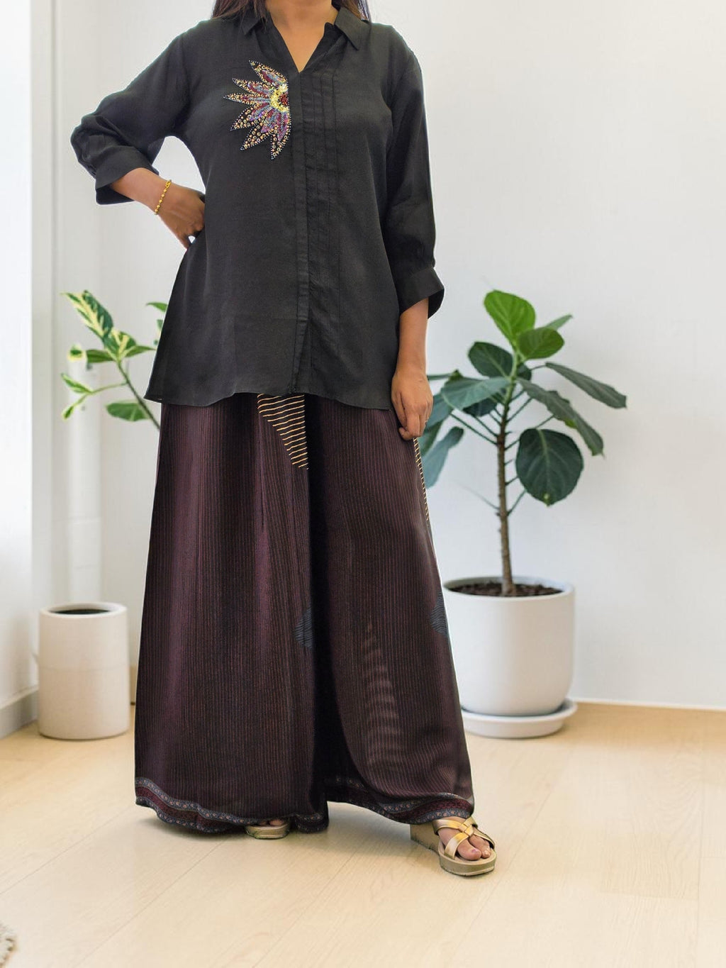 Embellished Midnight Crepe & Flared Palazzo Co-Ord Set