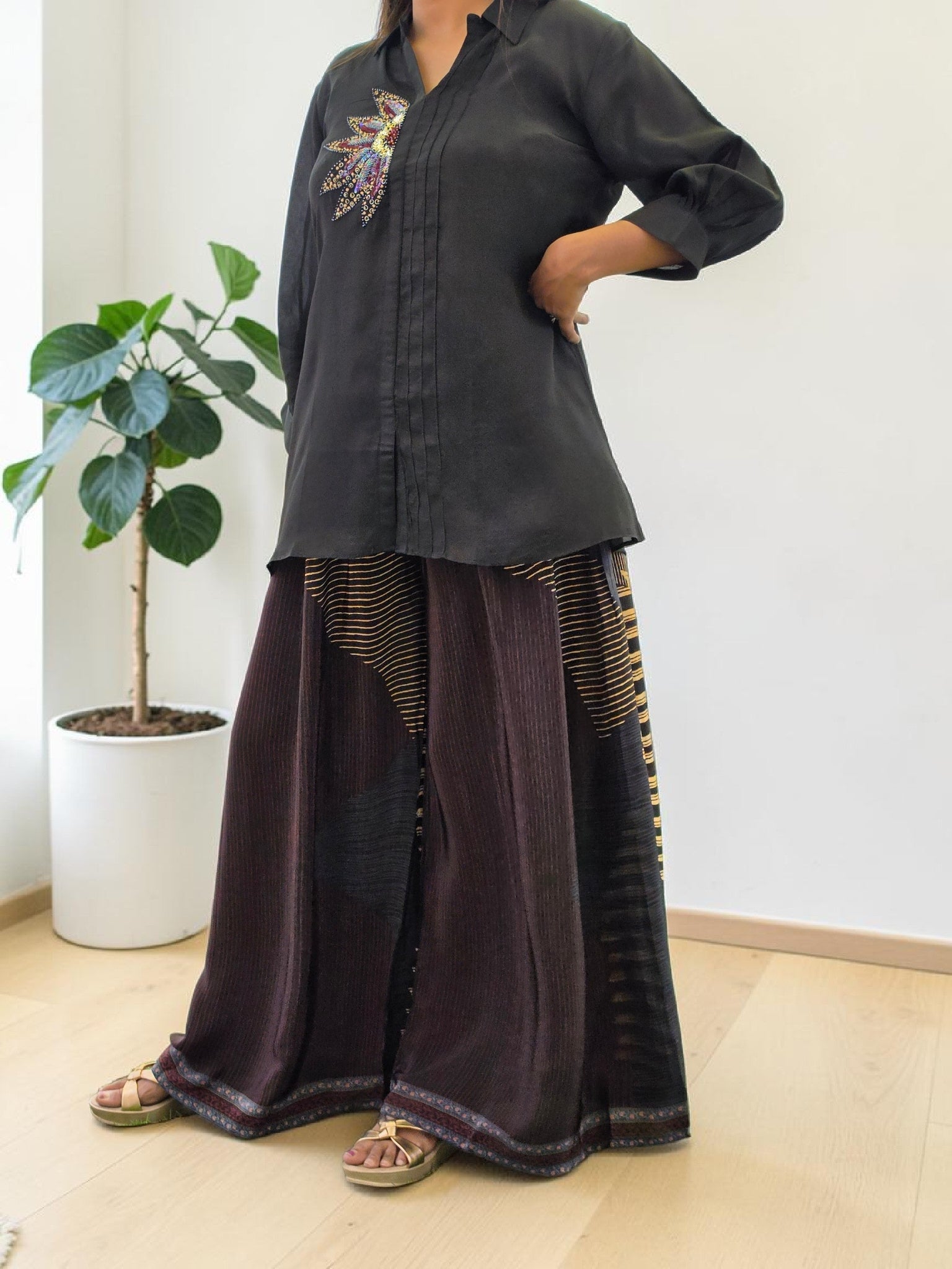 Embellished Midnight Crepe & Flared Palazzo Co-Ord Set