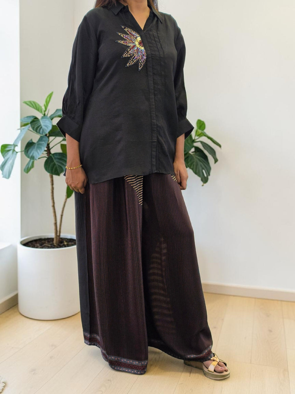 Embellished Midnight Crepe & Flared Palazzo Co-Ord Set