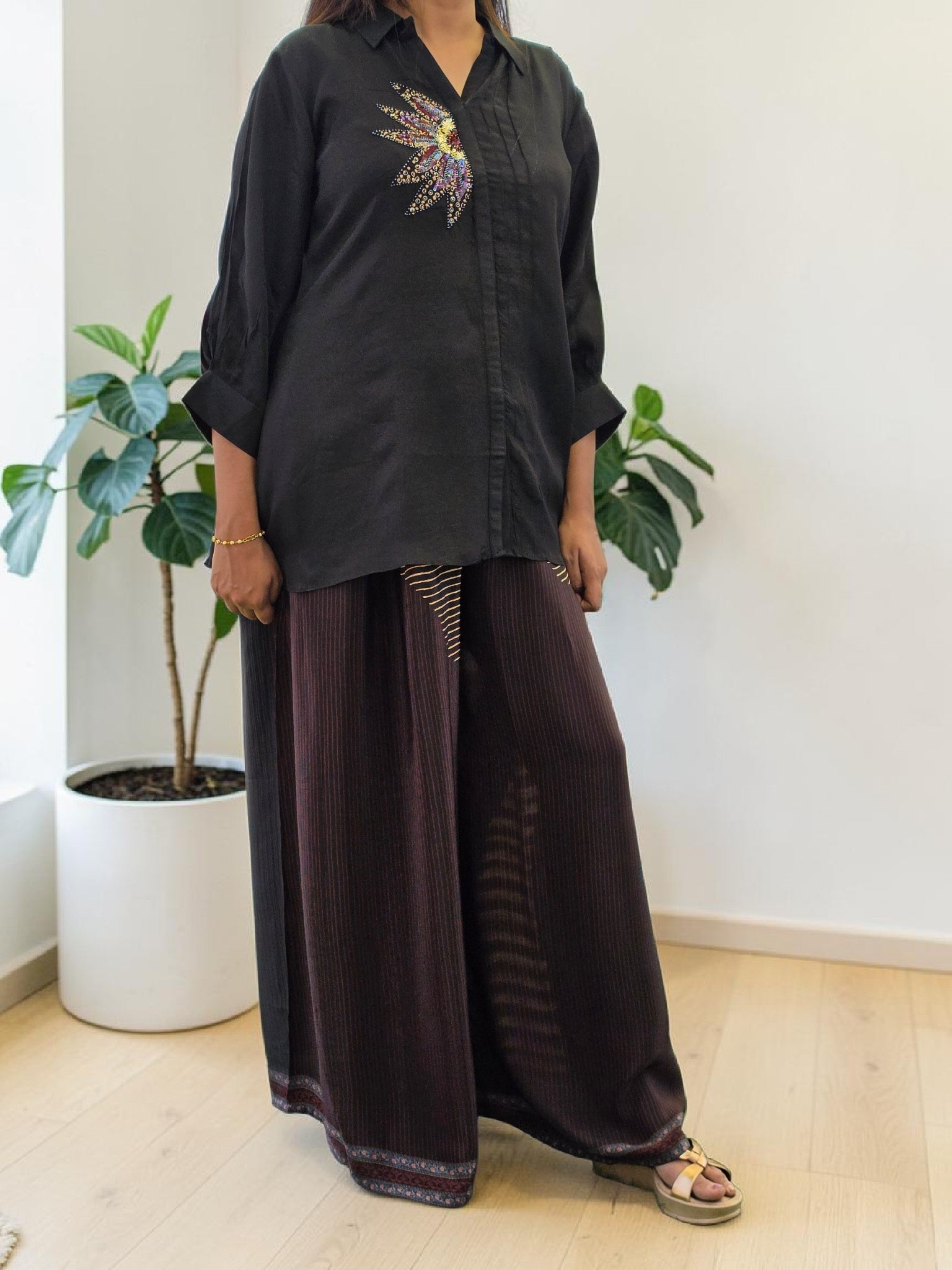 Embellished Midnight Crepe & Flared Palazzo Co-Ord Set