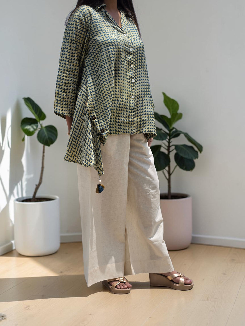 THE BOHO-CHIC Geometric Muslin & Linen Asymmetric Co-Ord Set
