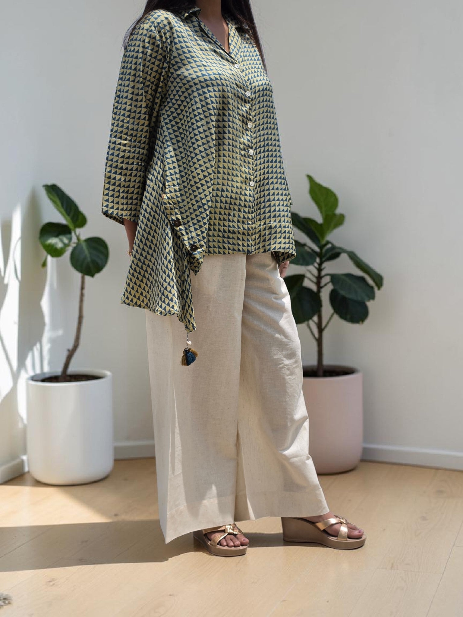 THE BOHO-CHIC Geometric Muslin & Linen Asymmetric Co-Ord Set