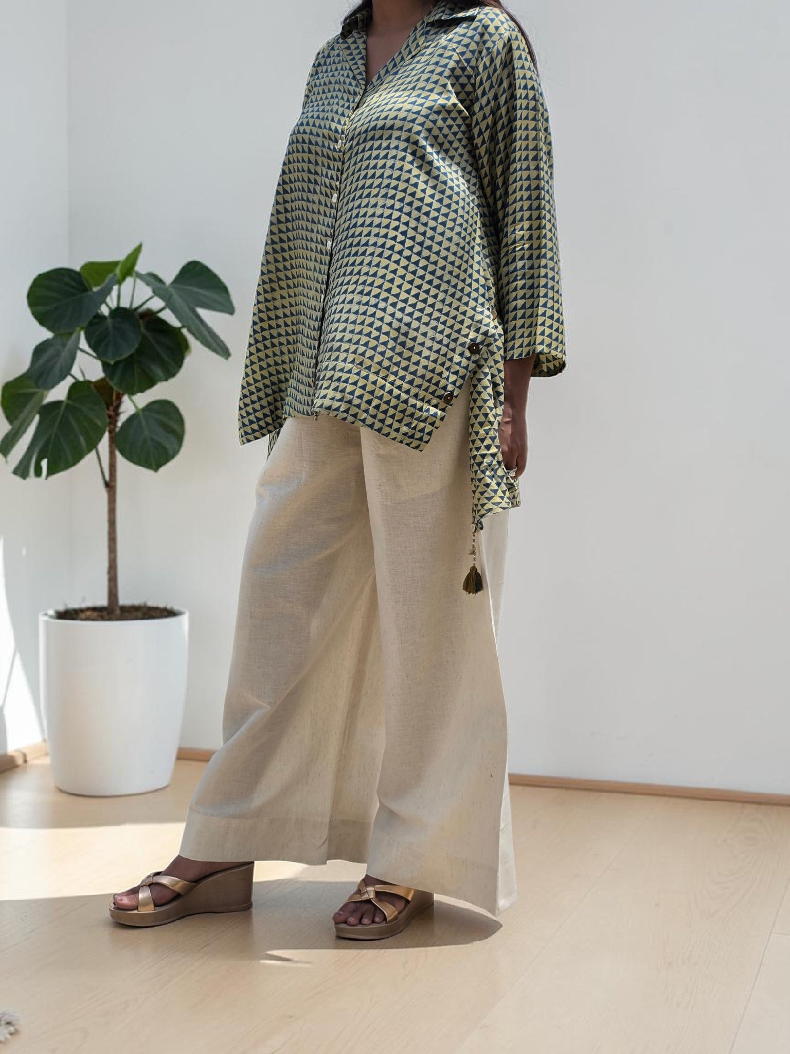 THE BOHO-CHIC Geometric Muslin & Linen Asymmetric Co-Ord Set