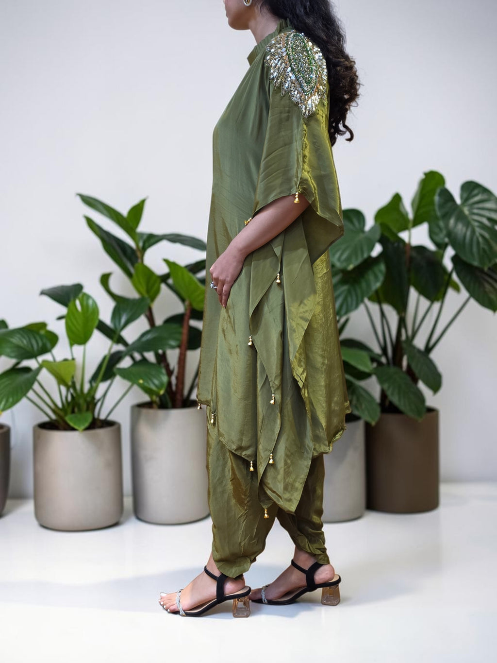 Premium Olive Green Asymmetrical Crepe Kaftan Co-ord Set
