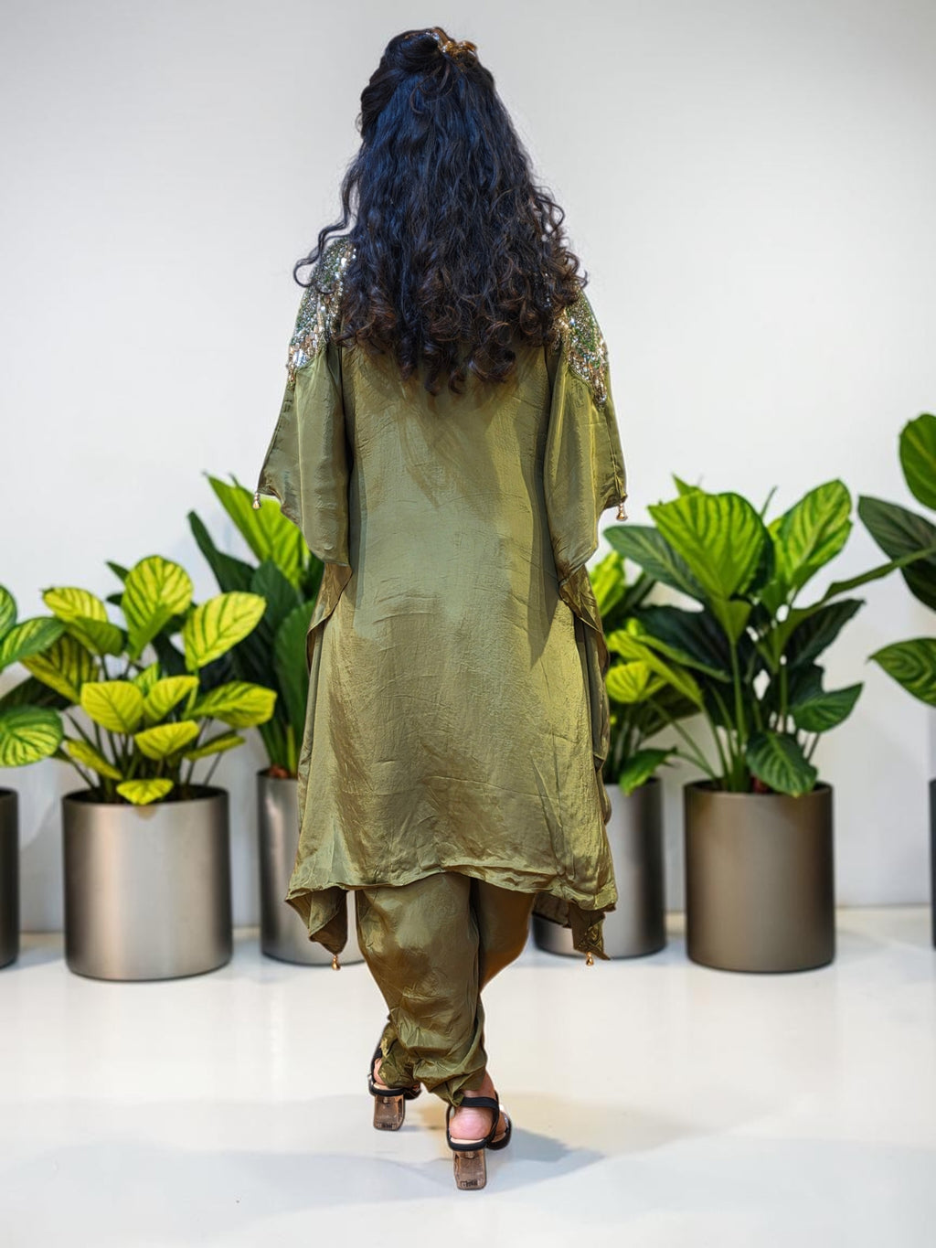 Premium Olive Green Asymmetrical Crepe Kaftan Co-ord Set