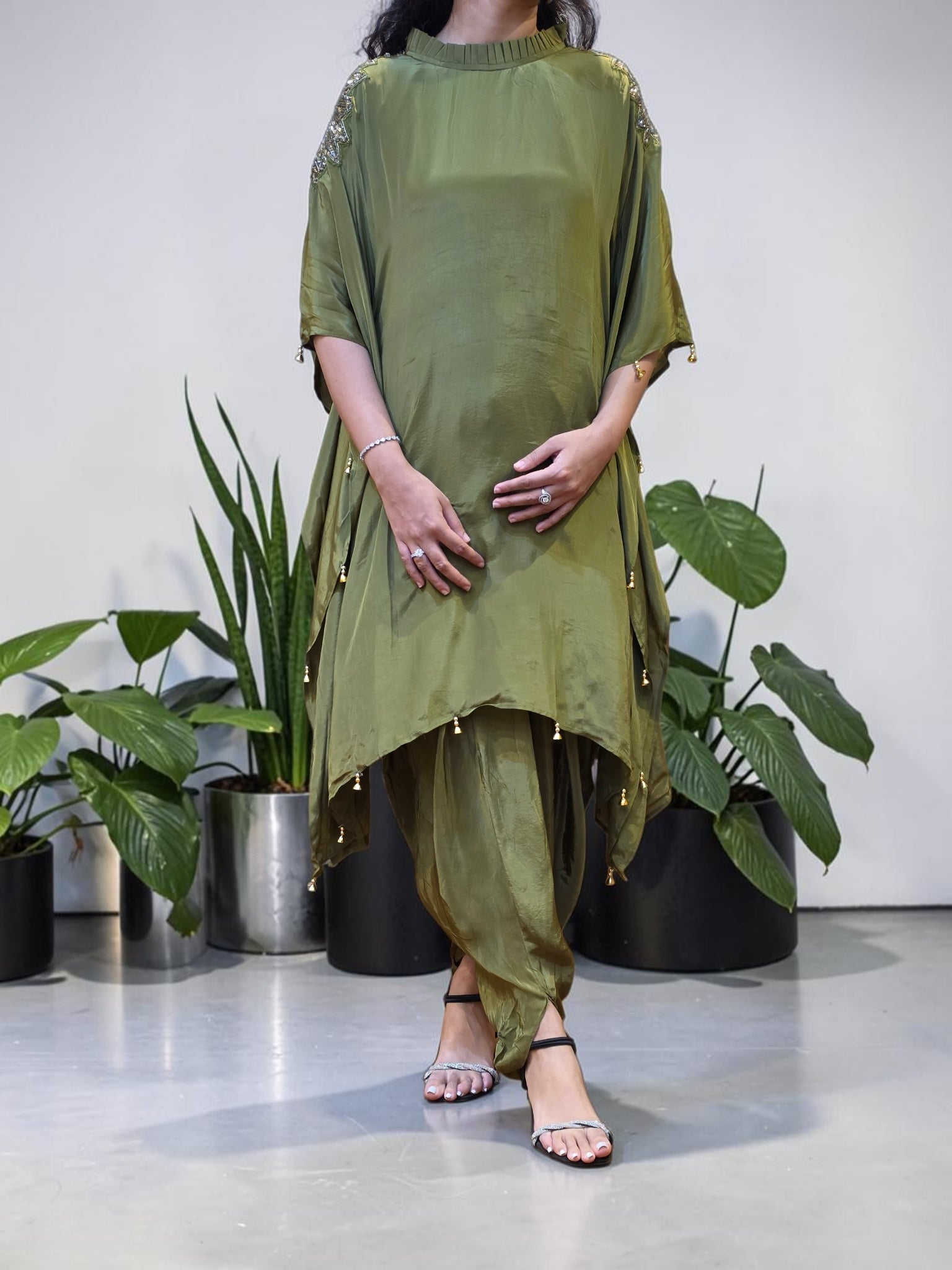 Premium Olive Green Asymmetrical Crepe Kaftan Co-ord Set