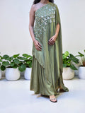 Sage Green Geometric Sequin One-Shoulder Ensemble Kaftan Set (FREE SIZE CAN FIT TO M,L)