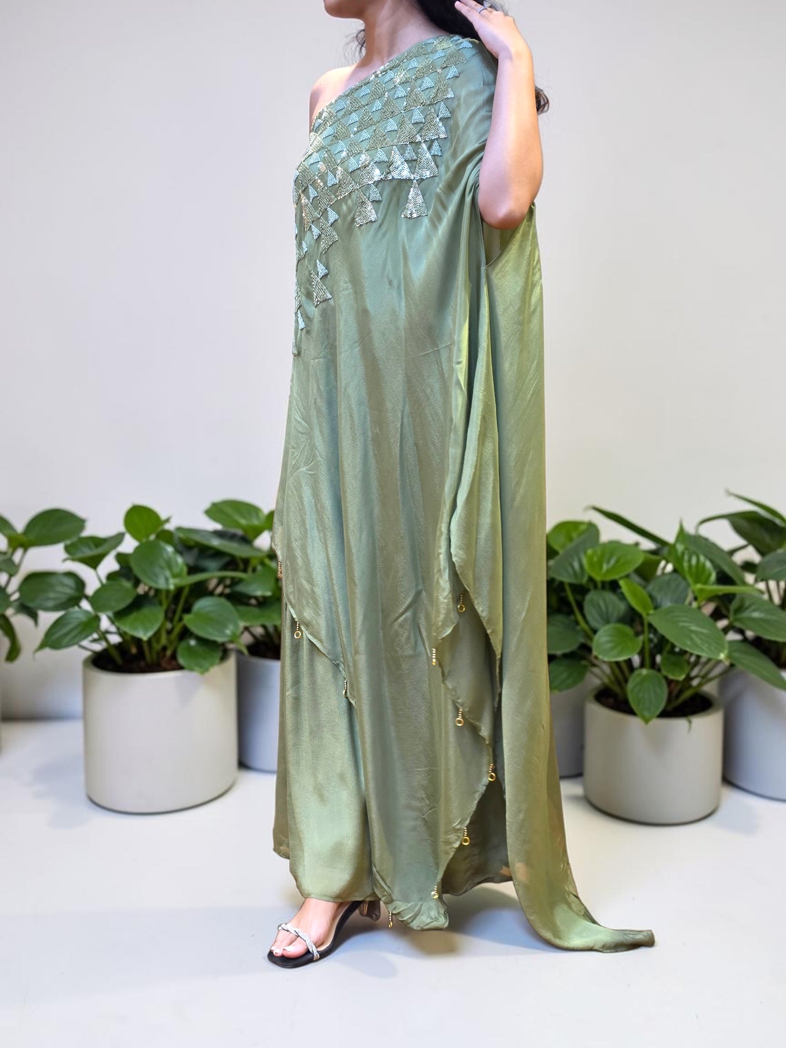 Sage Green Geometric Sequin One-Shoulder Ensemble Kaftan Set (FREE SIZE CAN FIT TO M,L)
