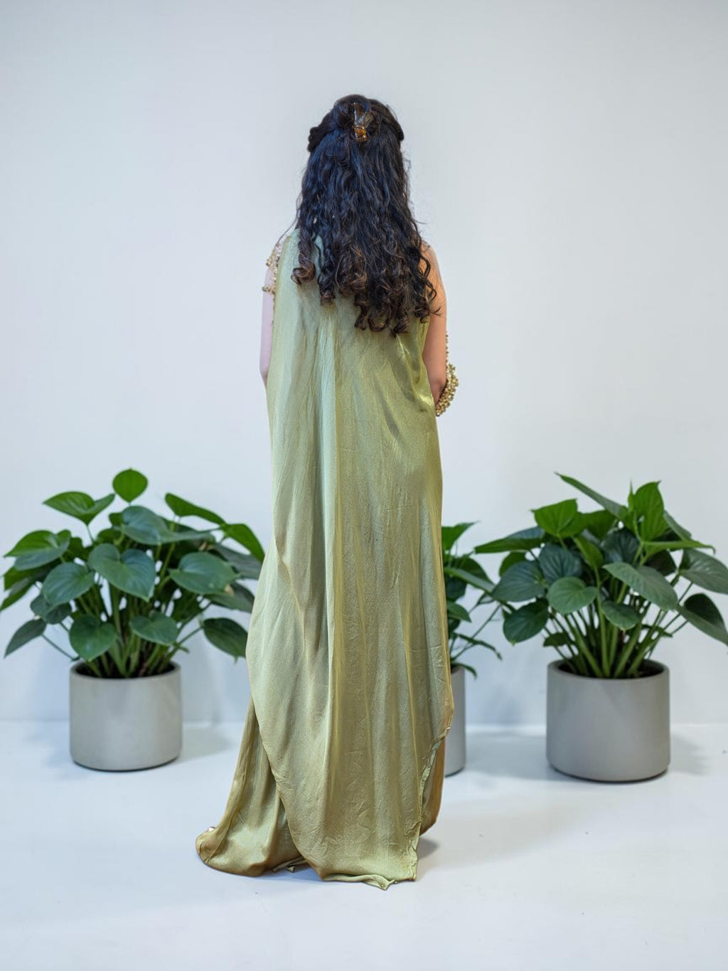 Sage Green Geometric Sequin One-Shoulder Ensemble Kaftan Set (FREE SIZE CAN FIT TO M,L)