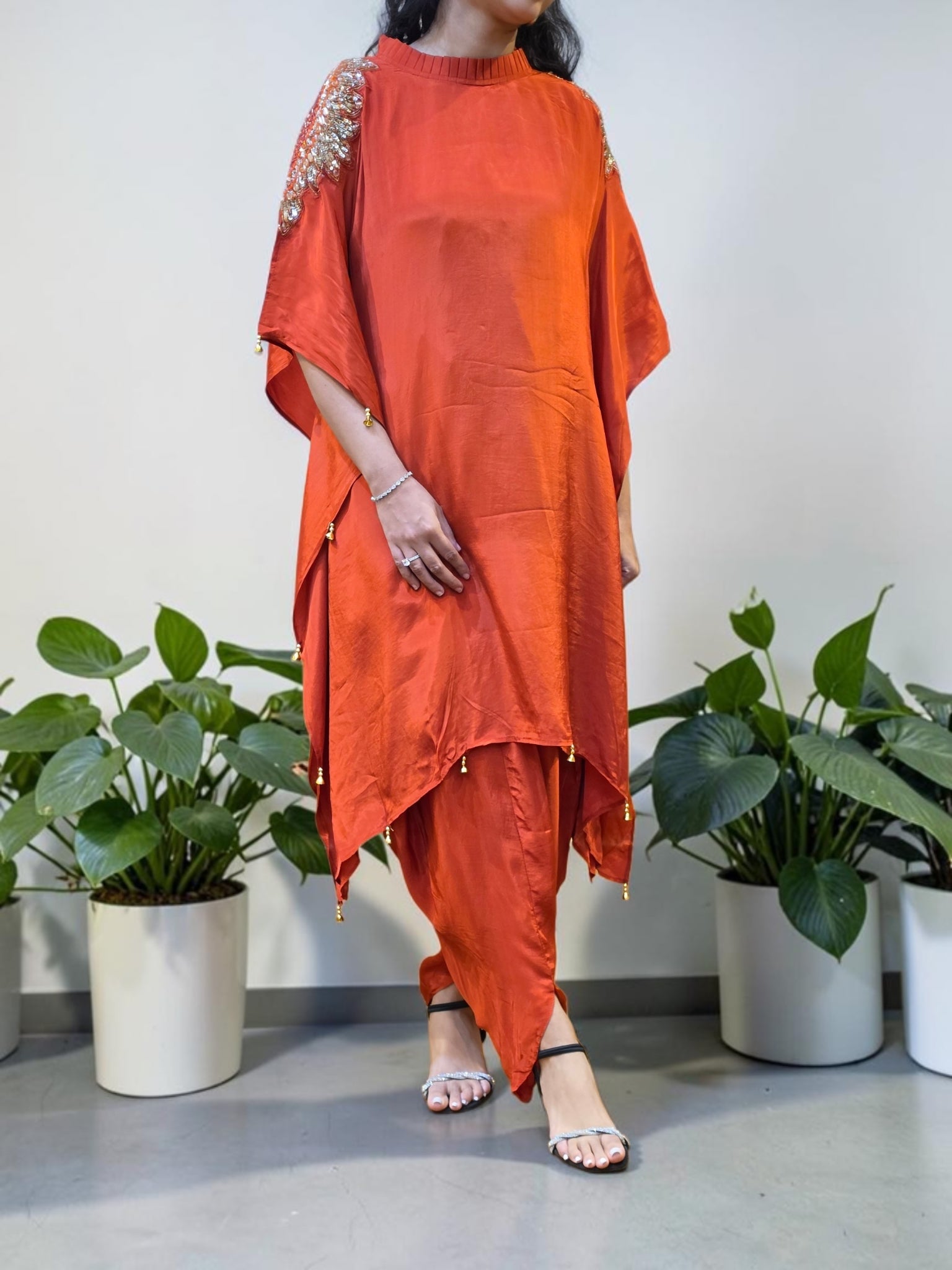 Premium Rust Crepe Asymmetrical Kaftan Co-ord Set