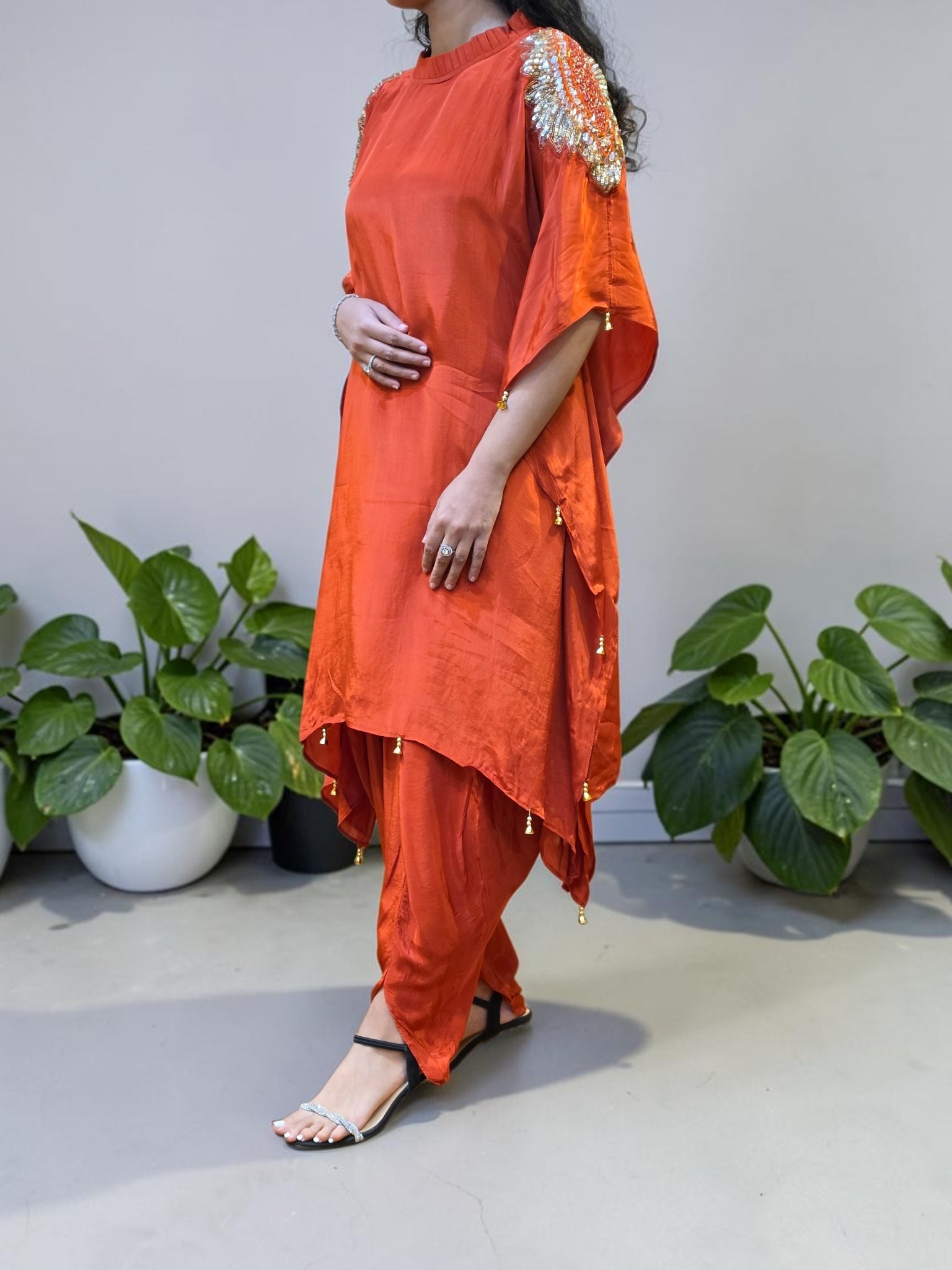 Premium Rust Crepe Asymmetrical Kaftan Co-ord Set