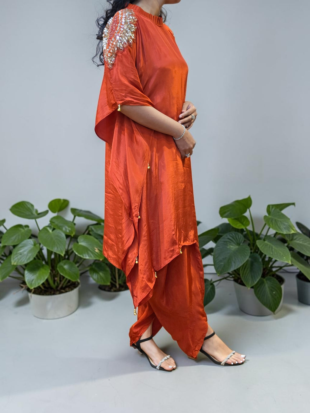 Premium Rust Crepe Asymmetrical Kaftan Co-ord Set