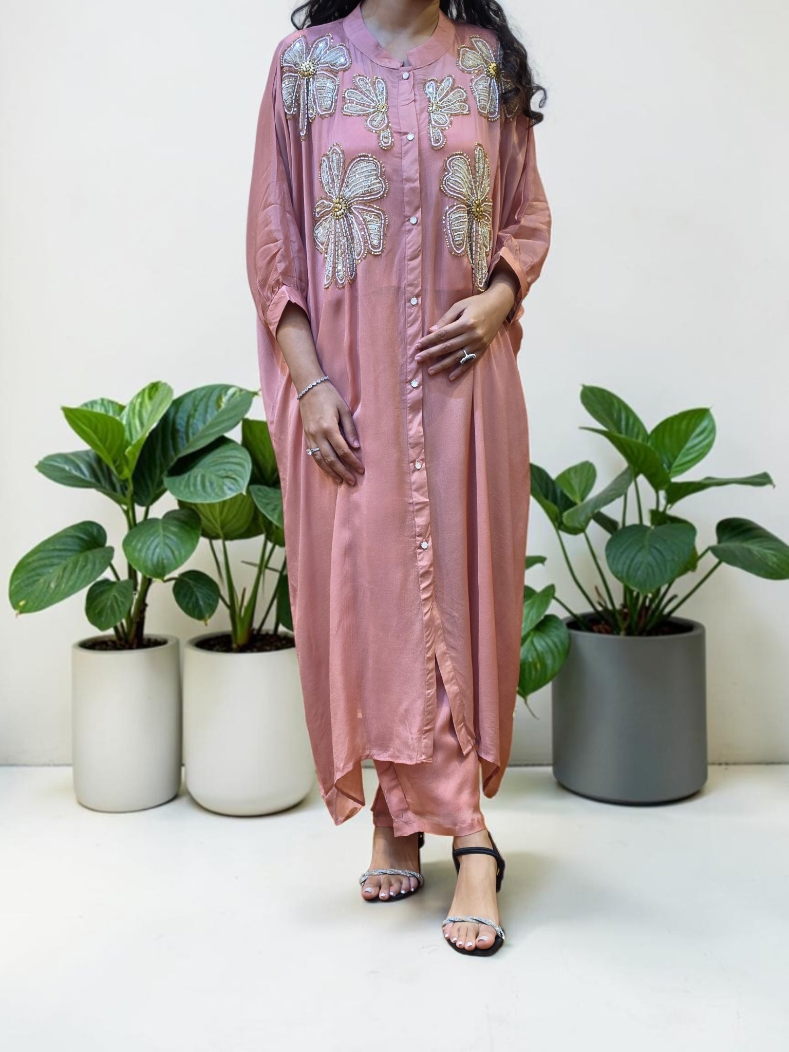 Dusty Rose Crepe Embellished Kaftan Co-Ord Set
