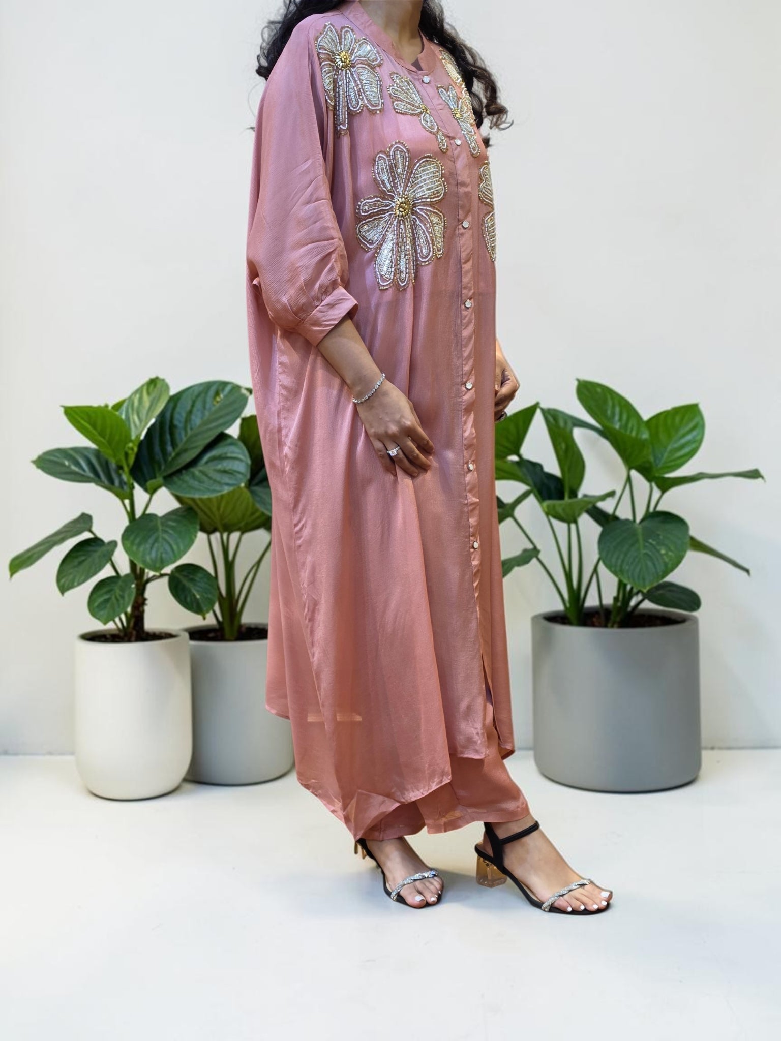 Dusty Rose Crepe Embellished Kaftan Co-Ord Set