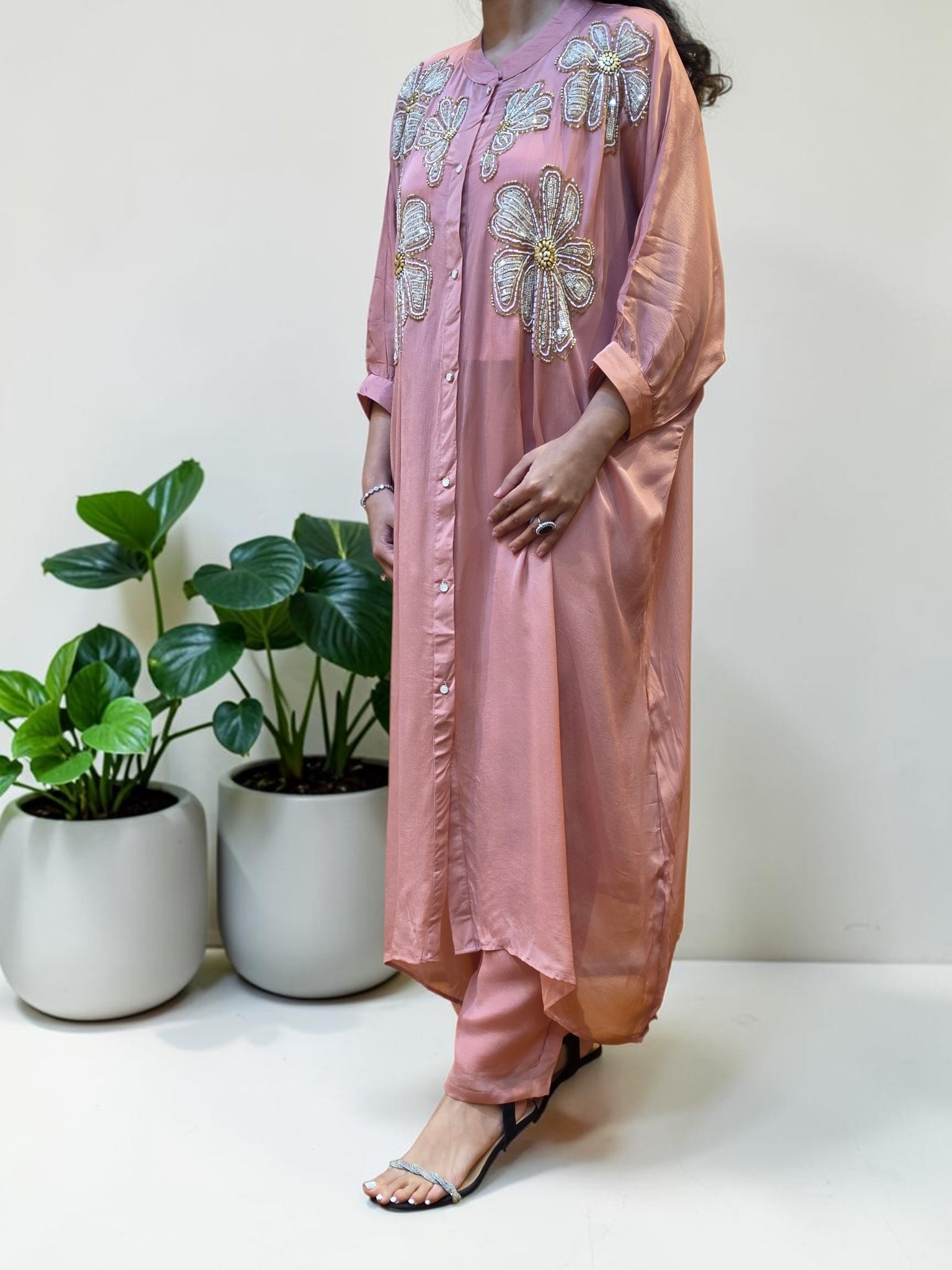 Dusty Rose Crepe Embellished Kaftan Co-Ord Set