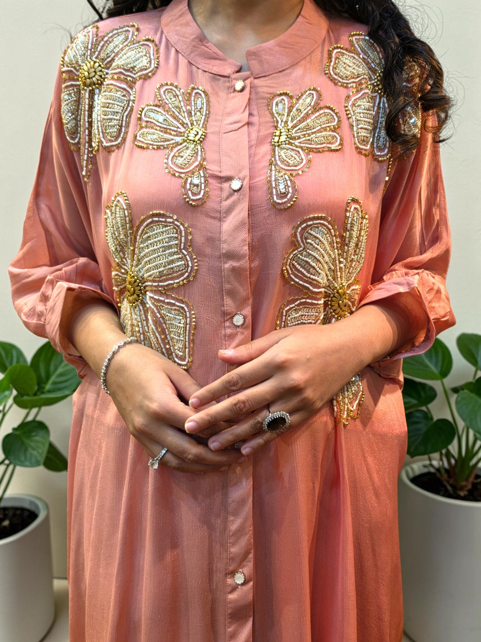 Dusty Rose Crepe Embellished Kaftan Co-Ord Set