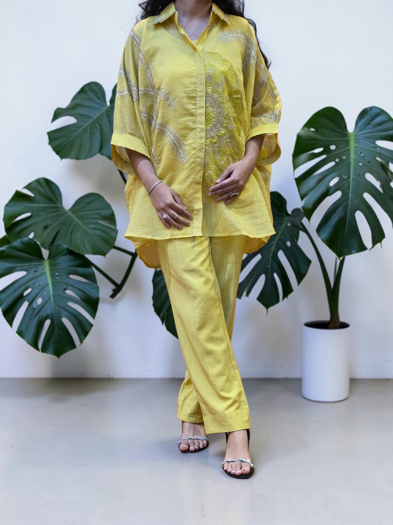 Premium Lemon Yellow Mul Chanderi Boota Work Co-Ord Set