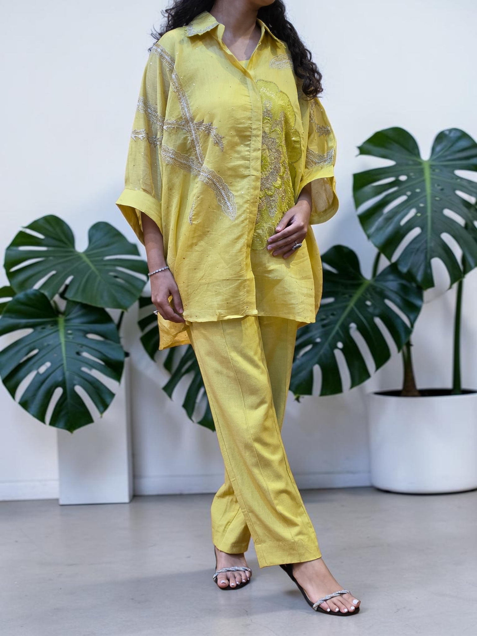 Premium Lemon Yellow Mul Chanderi Boota Work Co-Ord Set