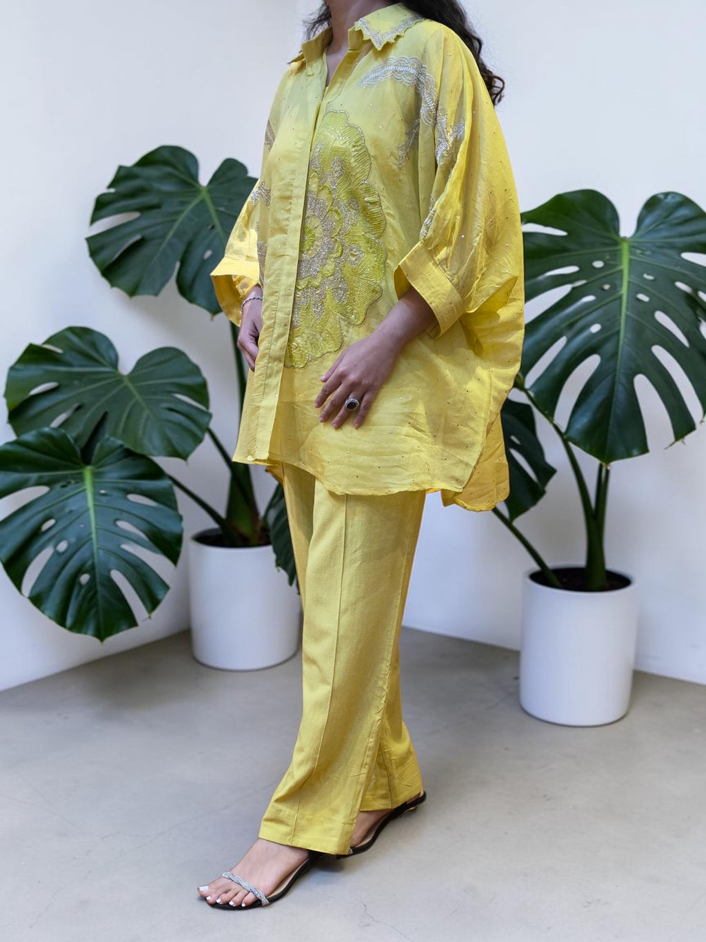 Premium Lemon Yellow Mul Chanderi Boota Work Co-Ord Set