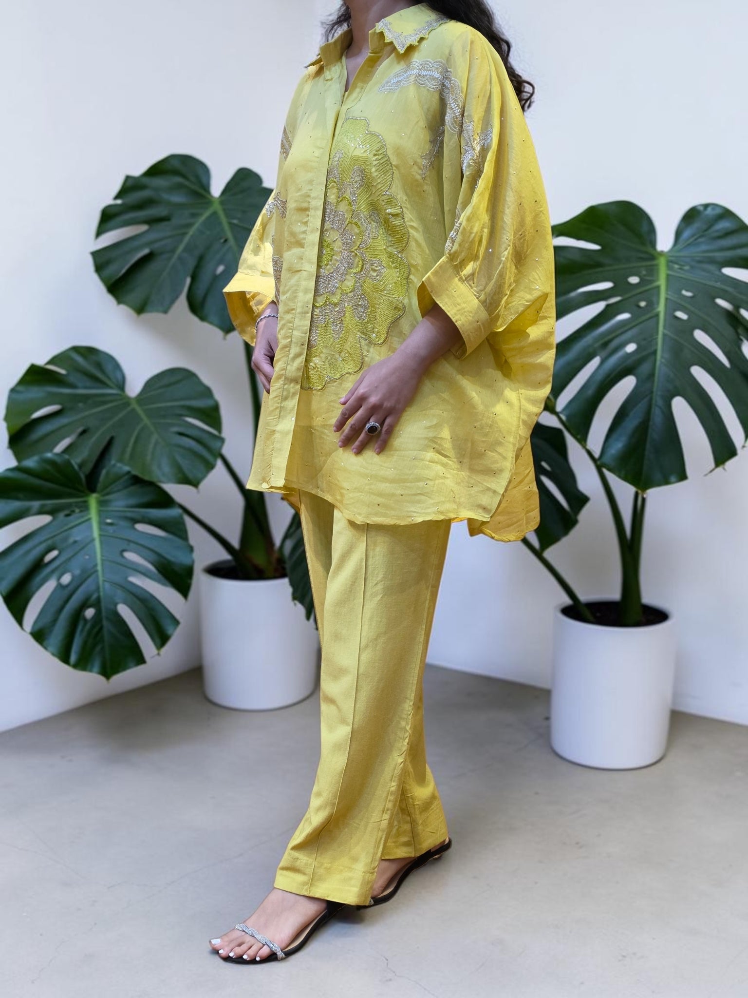 Premium Lemon Yellow Mul Chanderi Boota Work Co-Ord Set
