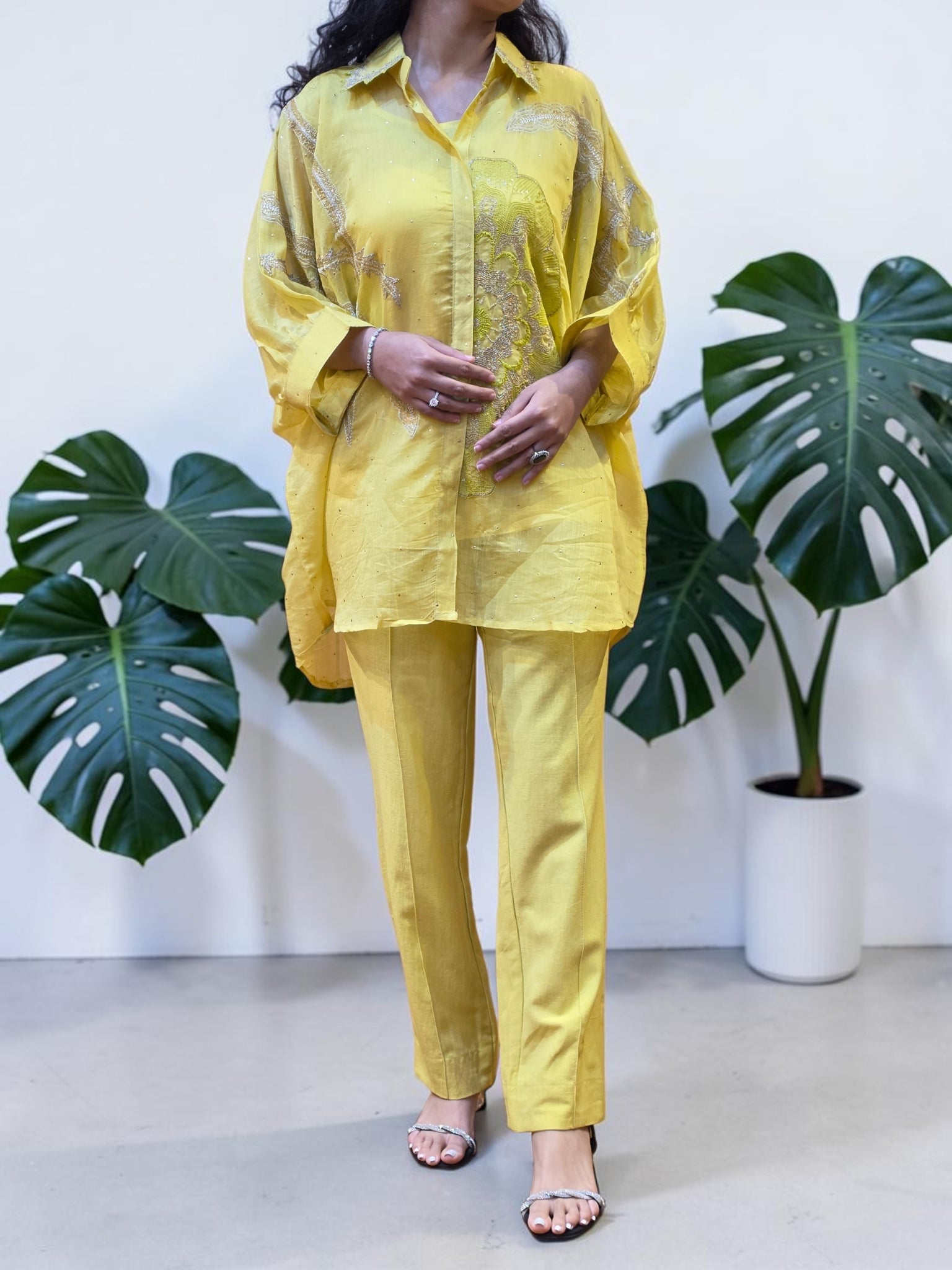 Premium Lemon Yellow Mul Chanderi Boota Work Co-Ord Set