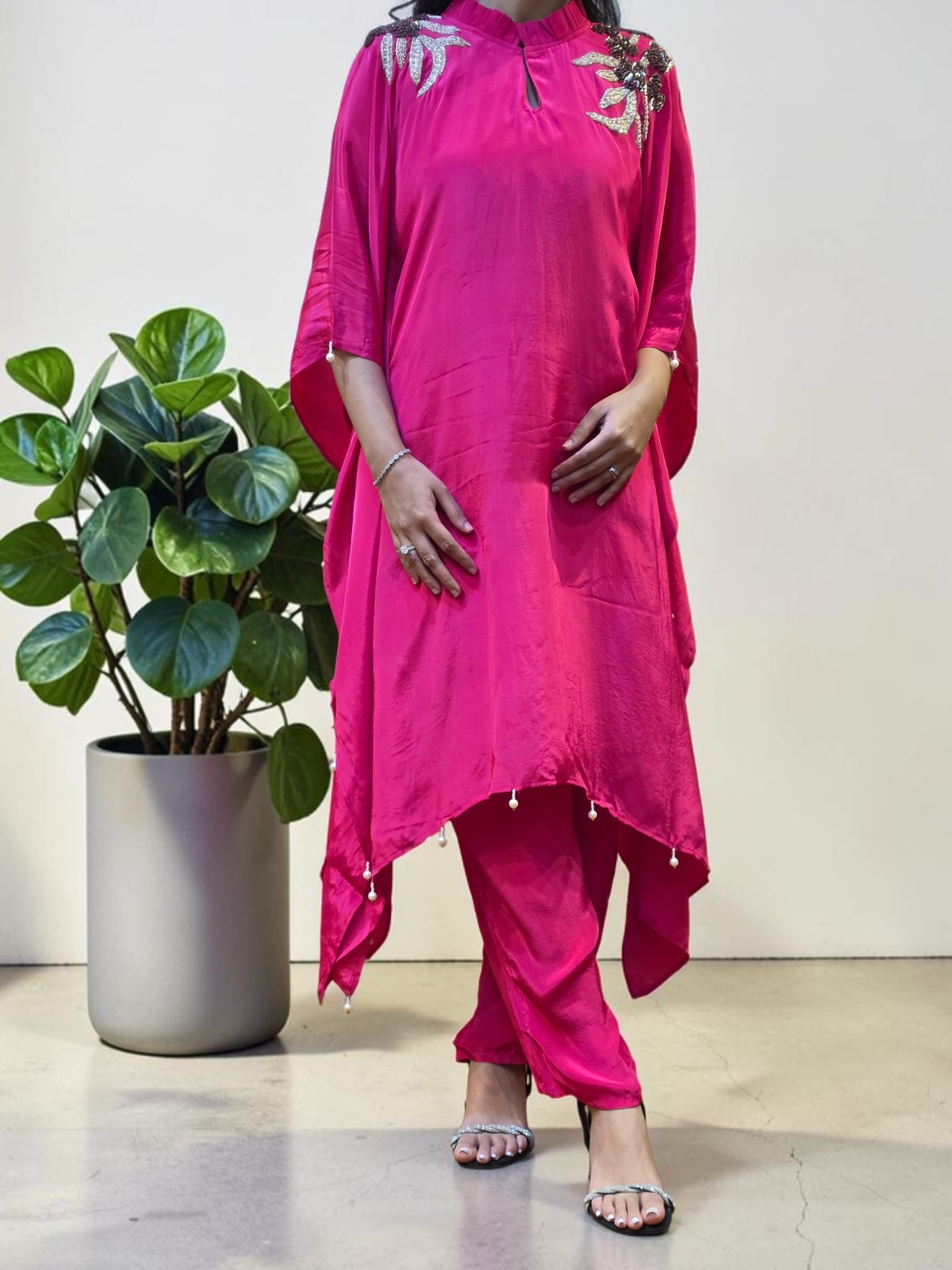 Vibrant Fuchsia Premium Crepe Kaftan & Palazzo Set