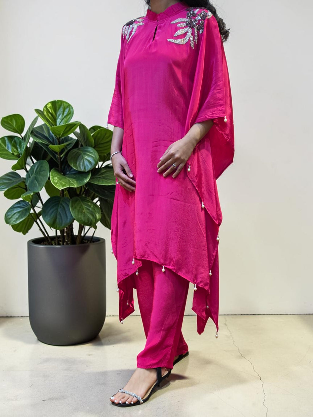 Vibrant Fuchsia Premium Crepe Kaftan & Palazzo Set