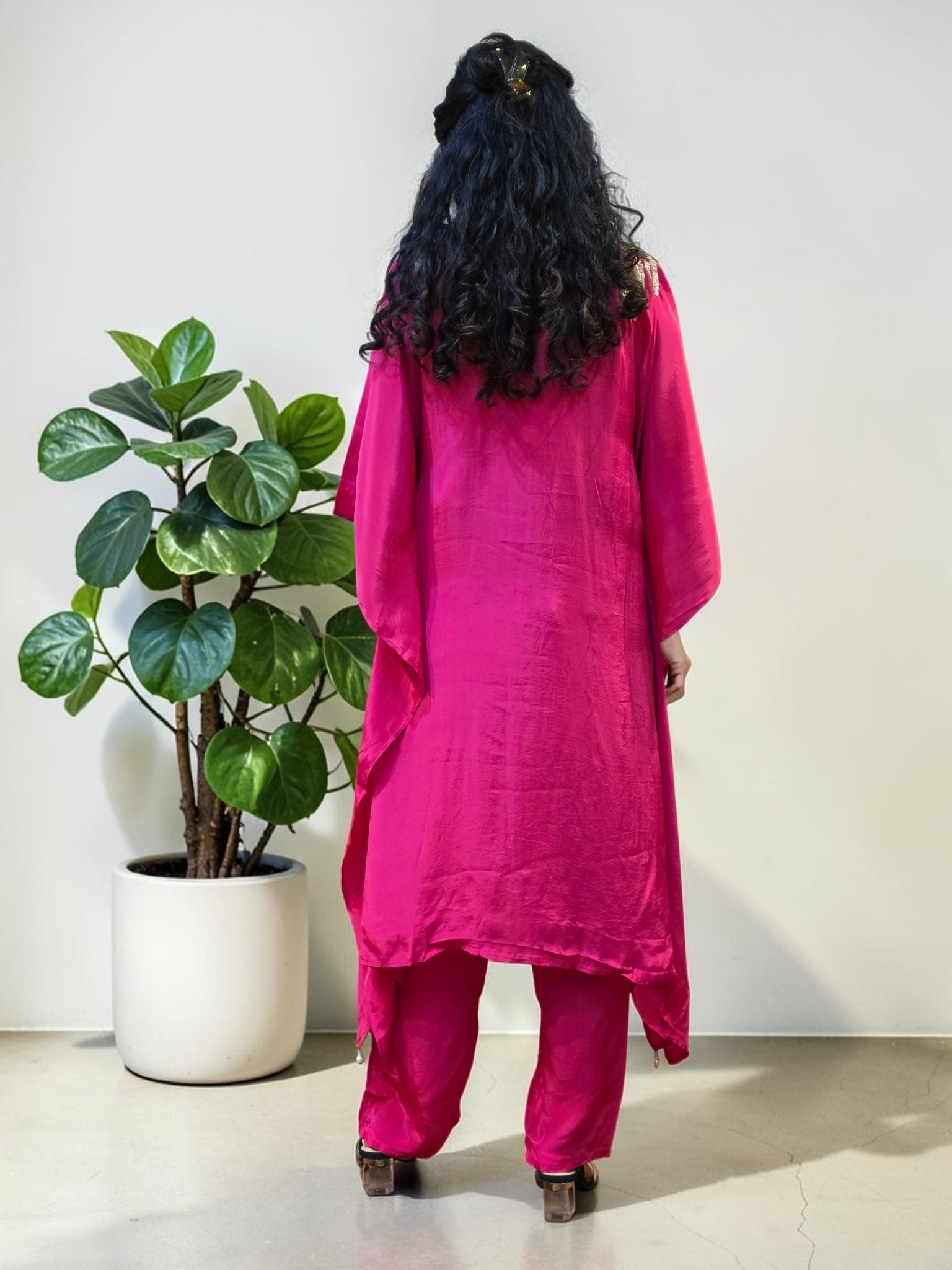 Vibrant Fuchsia Premium Crepe Kaftan & Palazzo Set