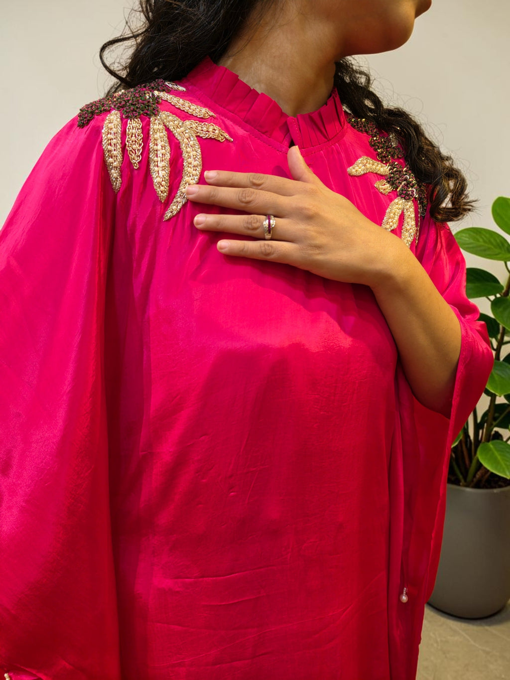 Vibrant Fuchsia Premium Crepe Kaftan & Palazzo Set