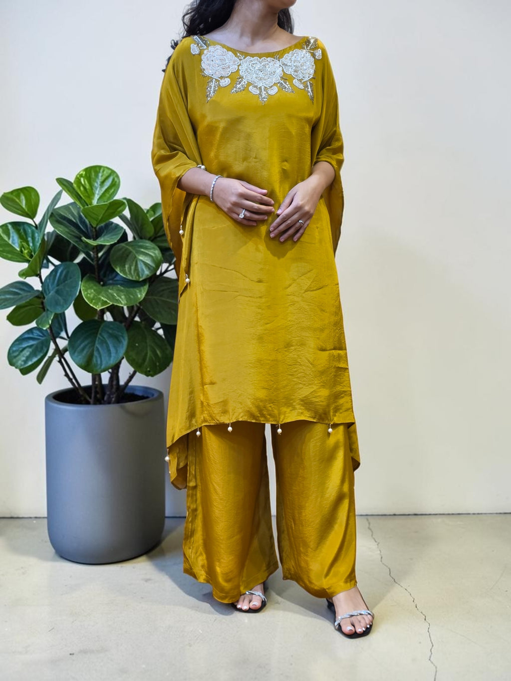 Golden Mustard Floral Embellished Crepe Kaftan & Palazzo Set