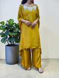 Golden Mustard Floral Embellished Crepe Kaftan & Palazzo Set