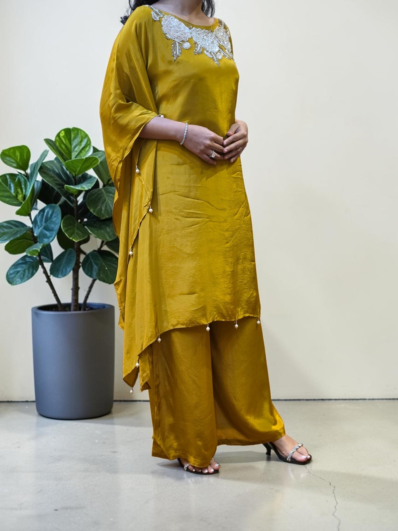 Golden Mustard Floral Embellished Crepe Kaftan & Palazzo Set