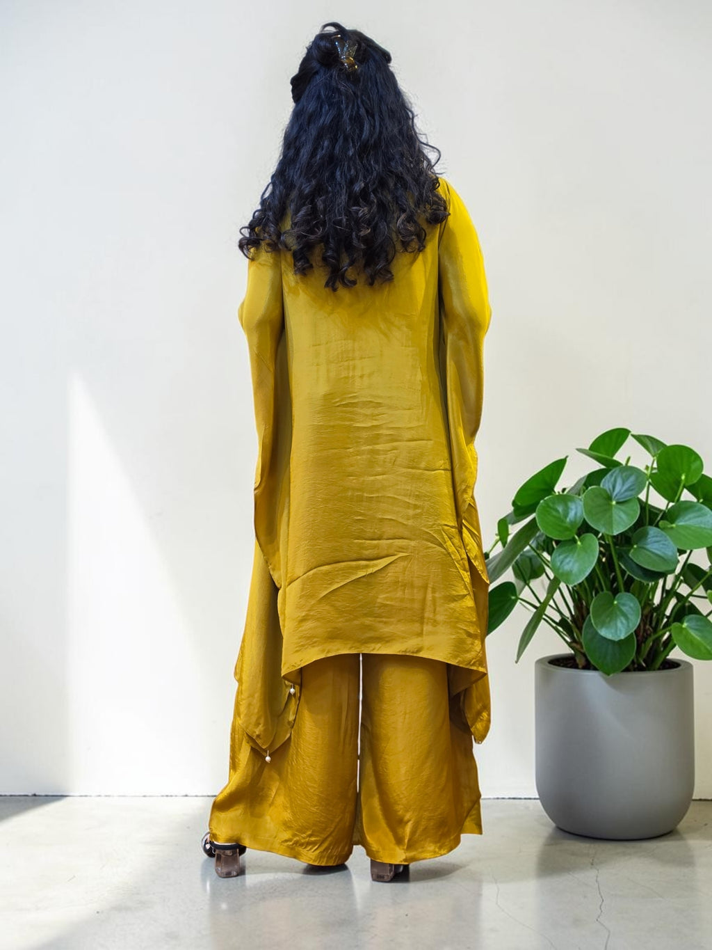 Golden Mustard Floral Embellished Crepe Kaftan & Palazzo Set