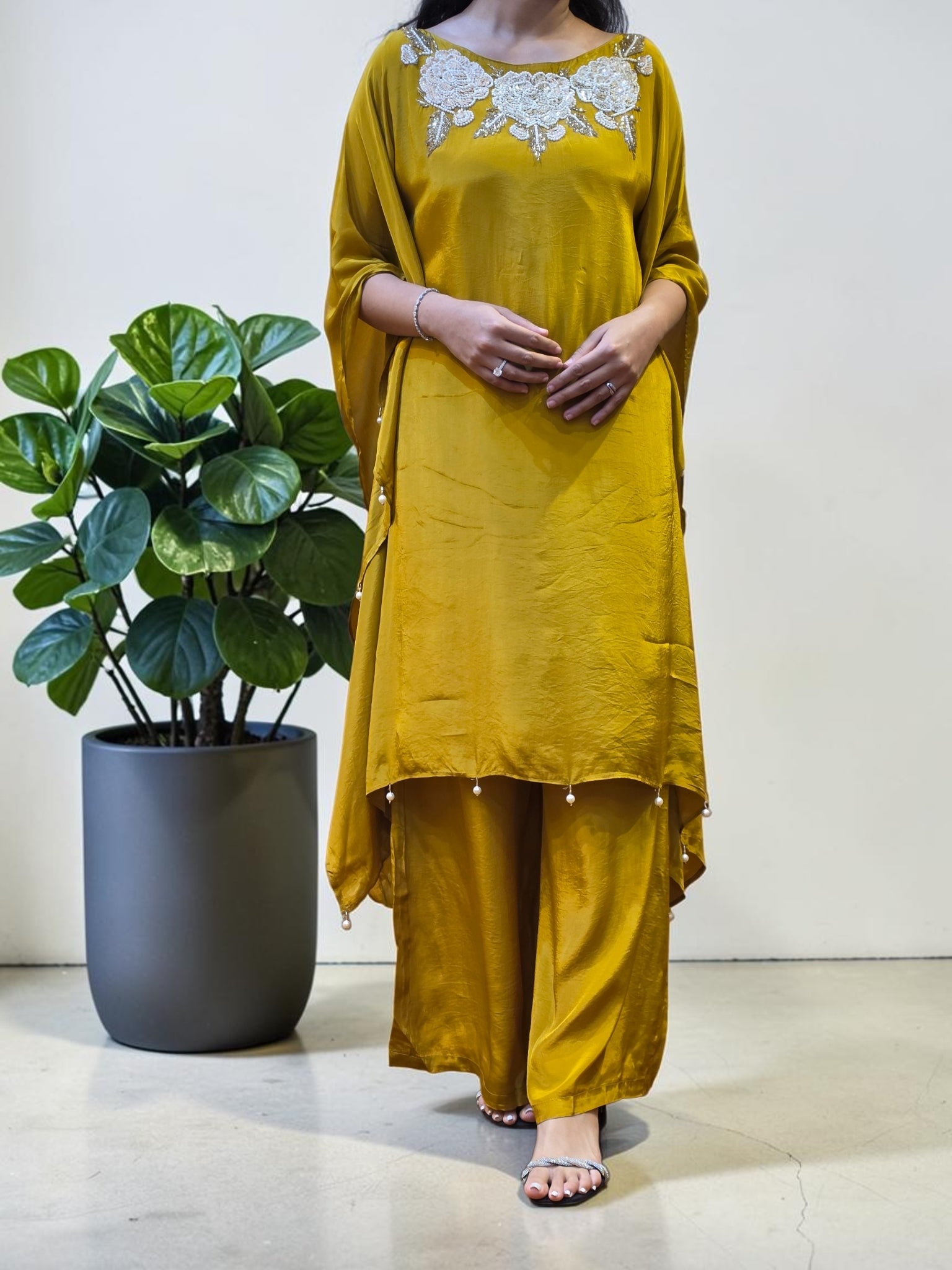 Golden Mustard Floral Embellished Crepe Kaftan & Palazzo Set