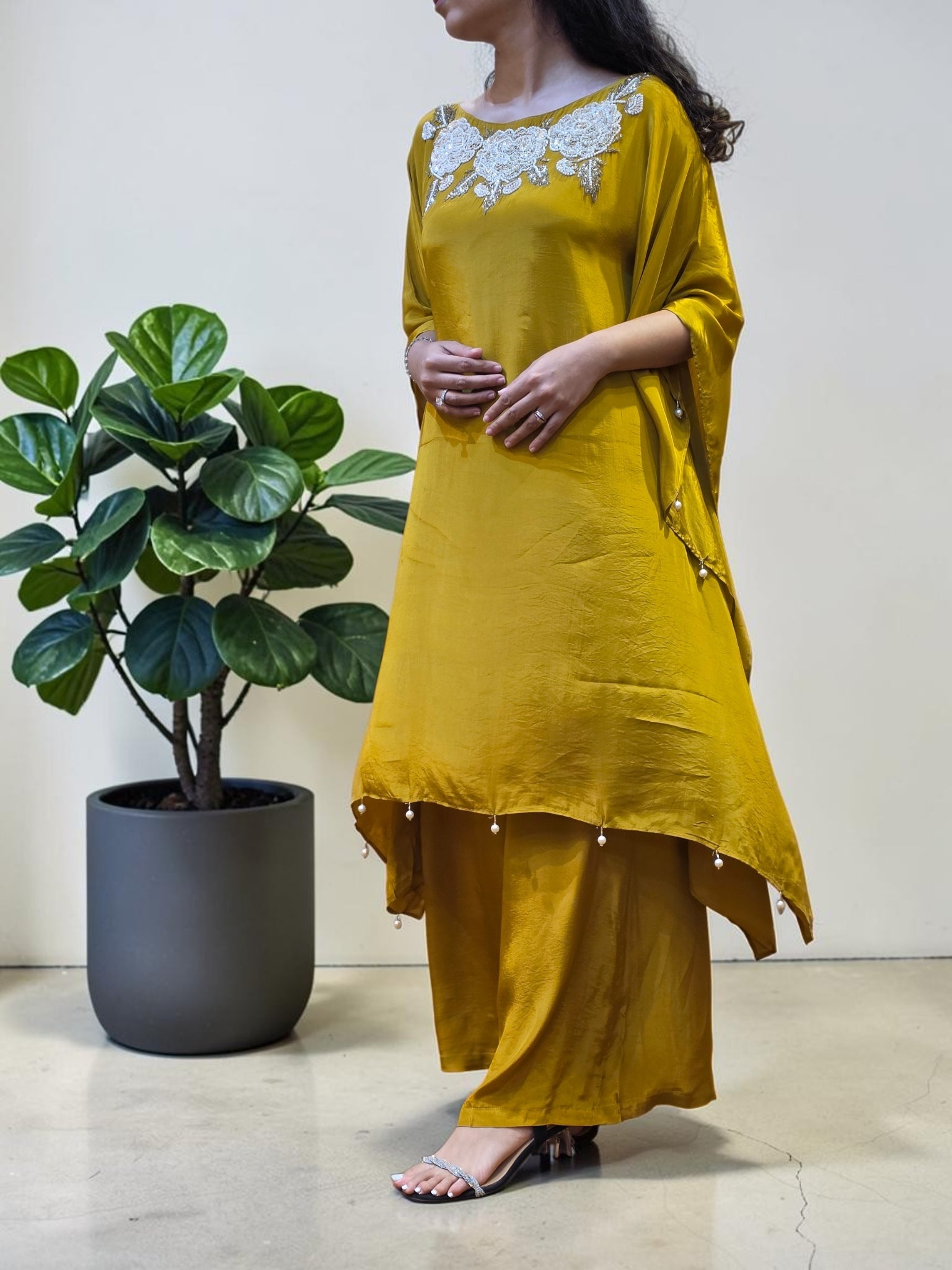 Golden Mustard Floral Embellished Crepe Kaftan & Palazzo Set