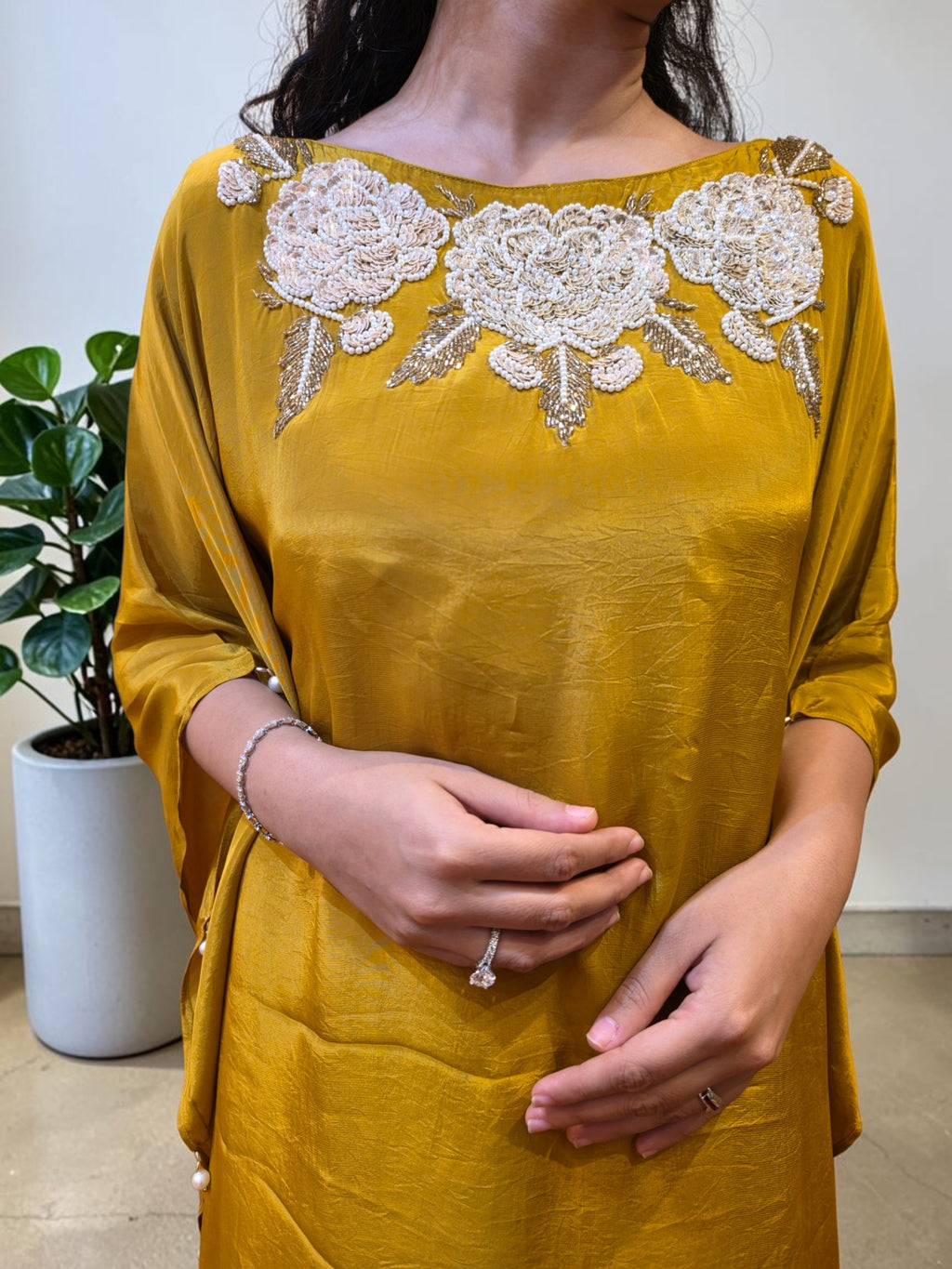 Golden Mustard Floral Embellished Crepe Kaftan & Palazzo Set