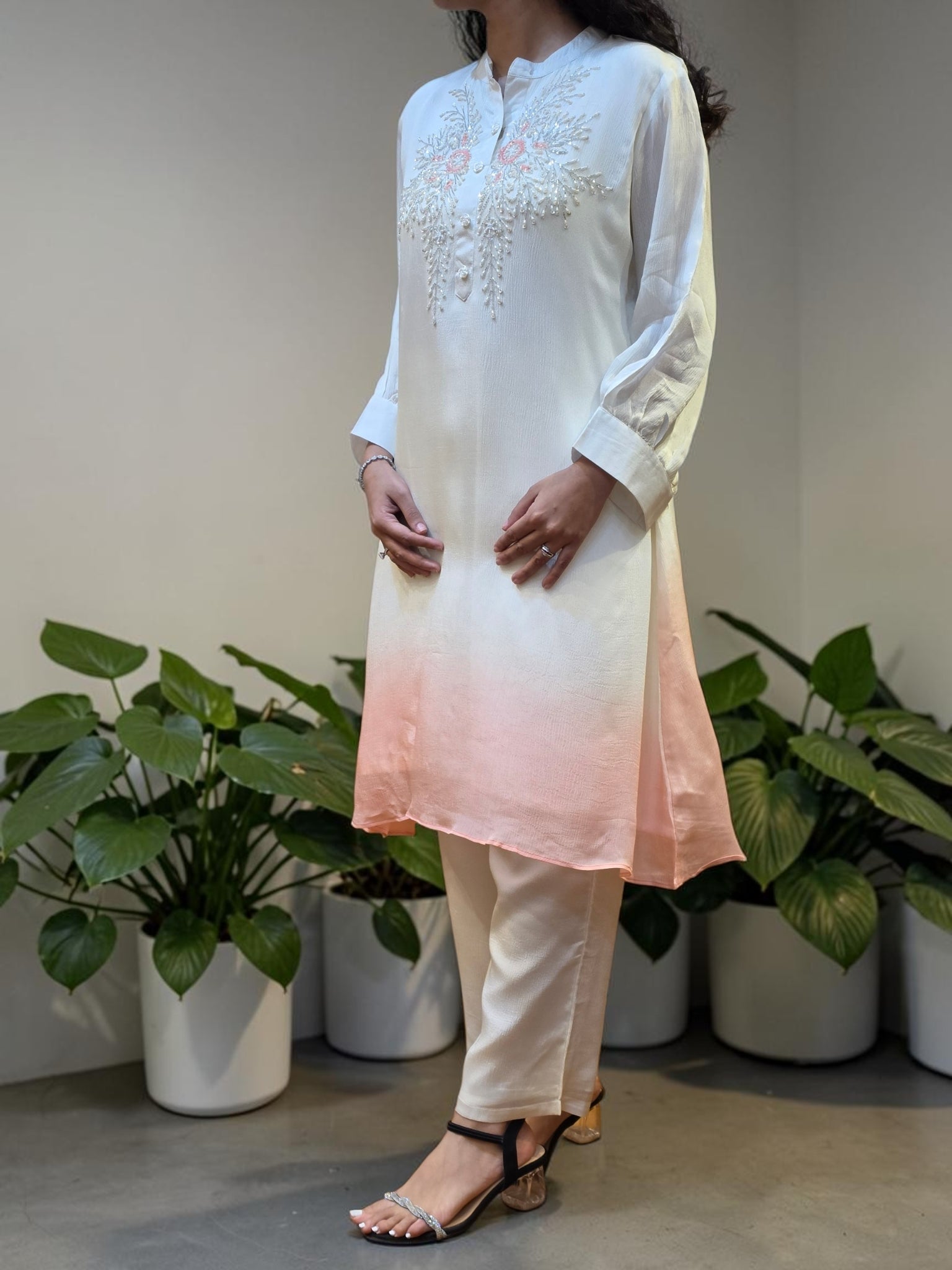 Premium Ombre Georgette Co-Ord Set with Embellished Neckline
