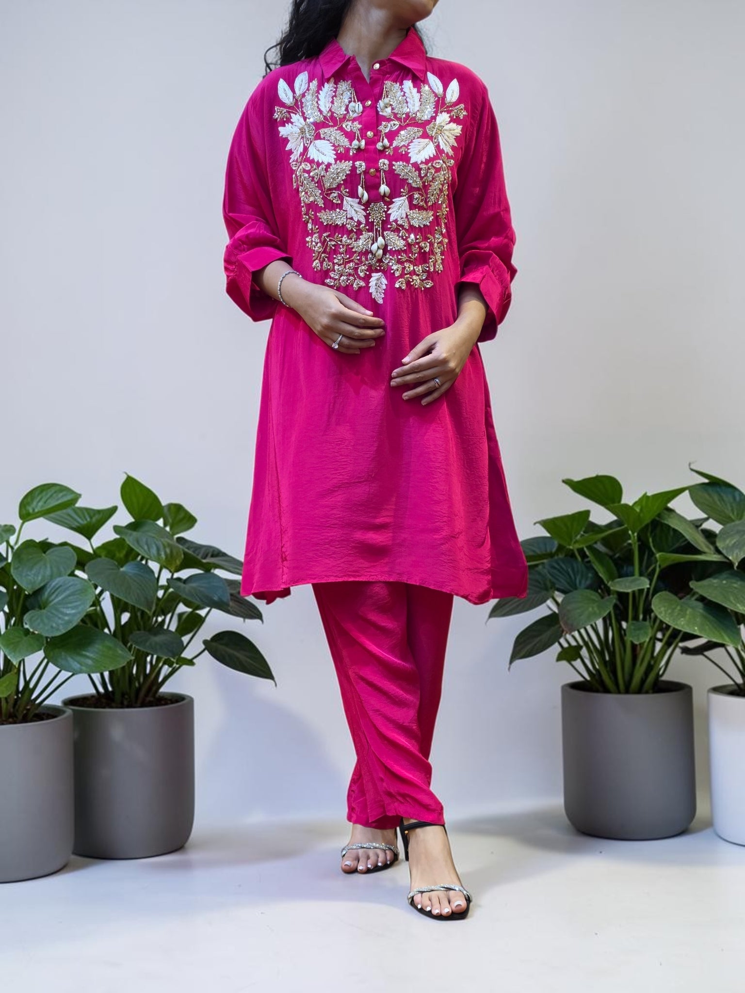 Premium Fuchsia Pink Crepe Shell-Embellished Co-Ord Set