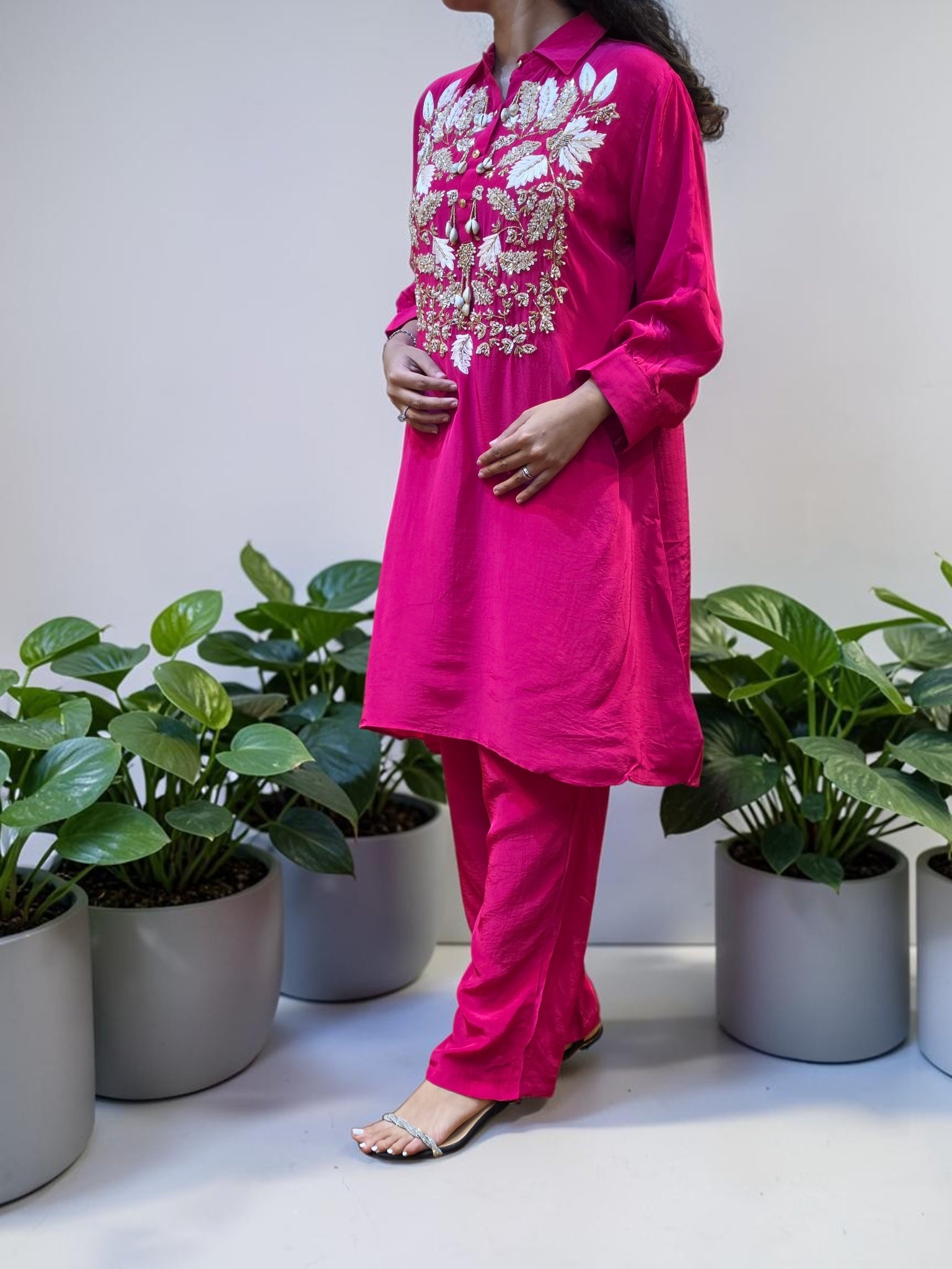 Premium Fuchsia Pink Crepe Shell-Embellished Co-Ord Set