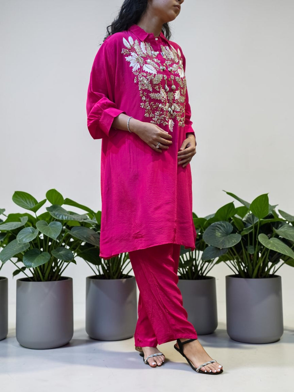 Premium Fuchsia Pink Crepe Shell-Embellished Co-Ord Set