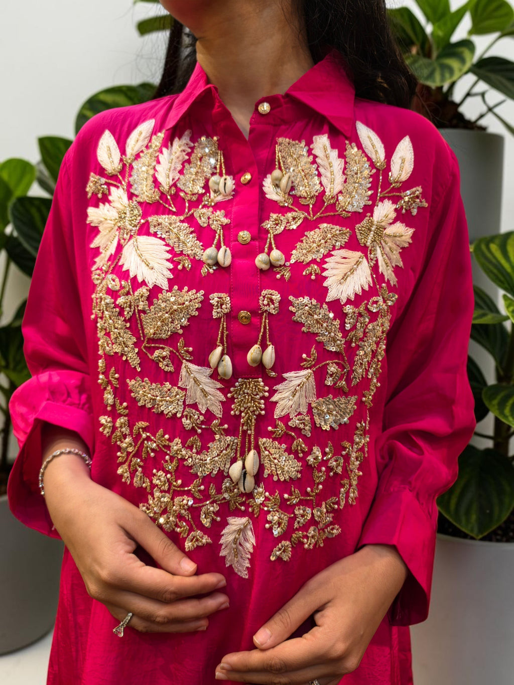 Premium Fuchsia Pink Crepe Shell-Embellished Co-Ord Set