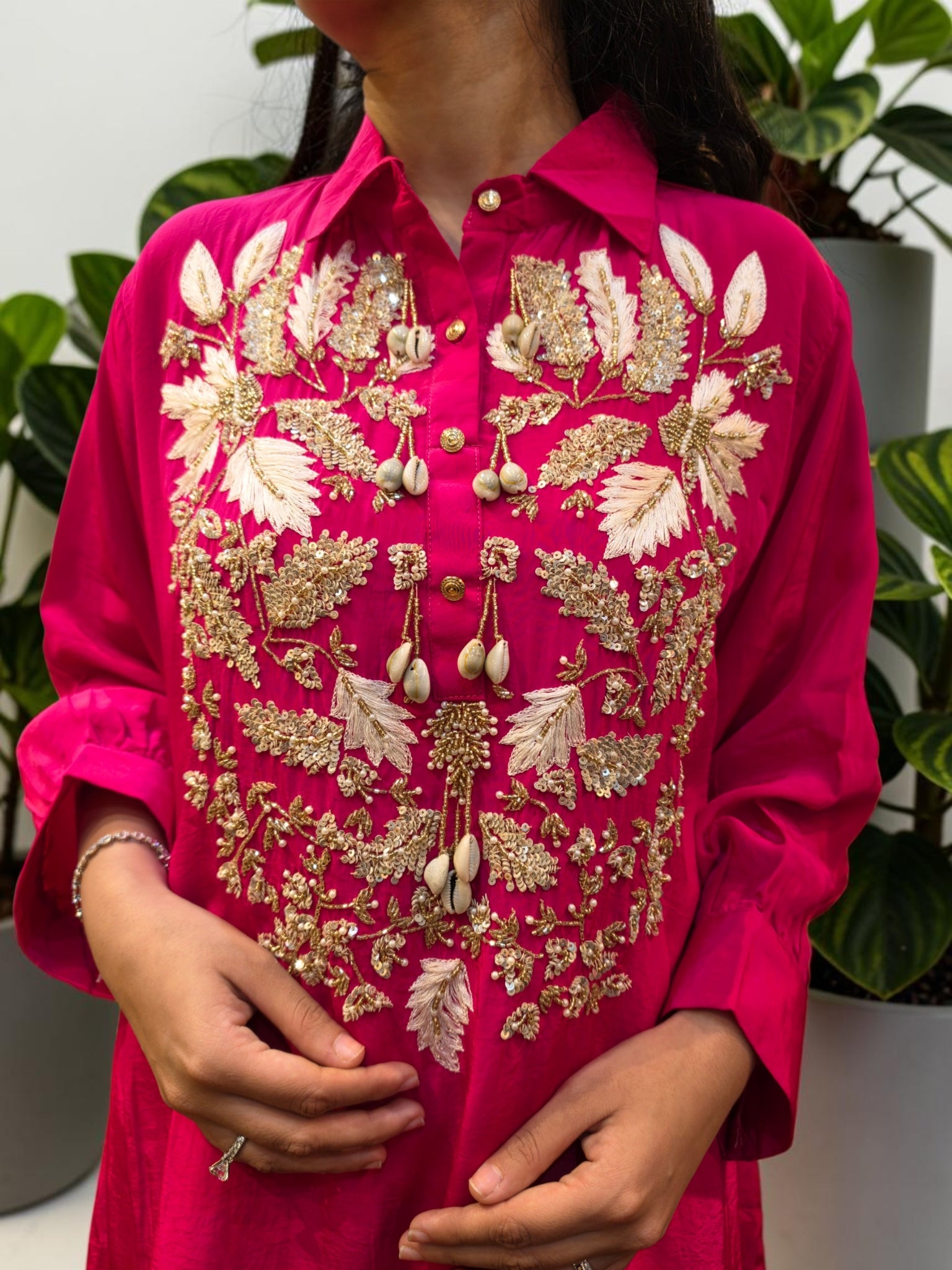 Premium Fuchsia Pink Crepe Shell-Embellished Co-Ord Set